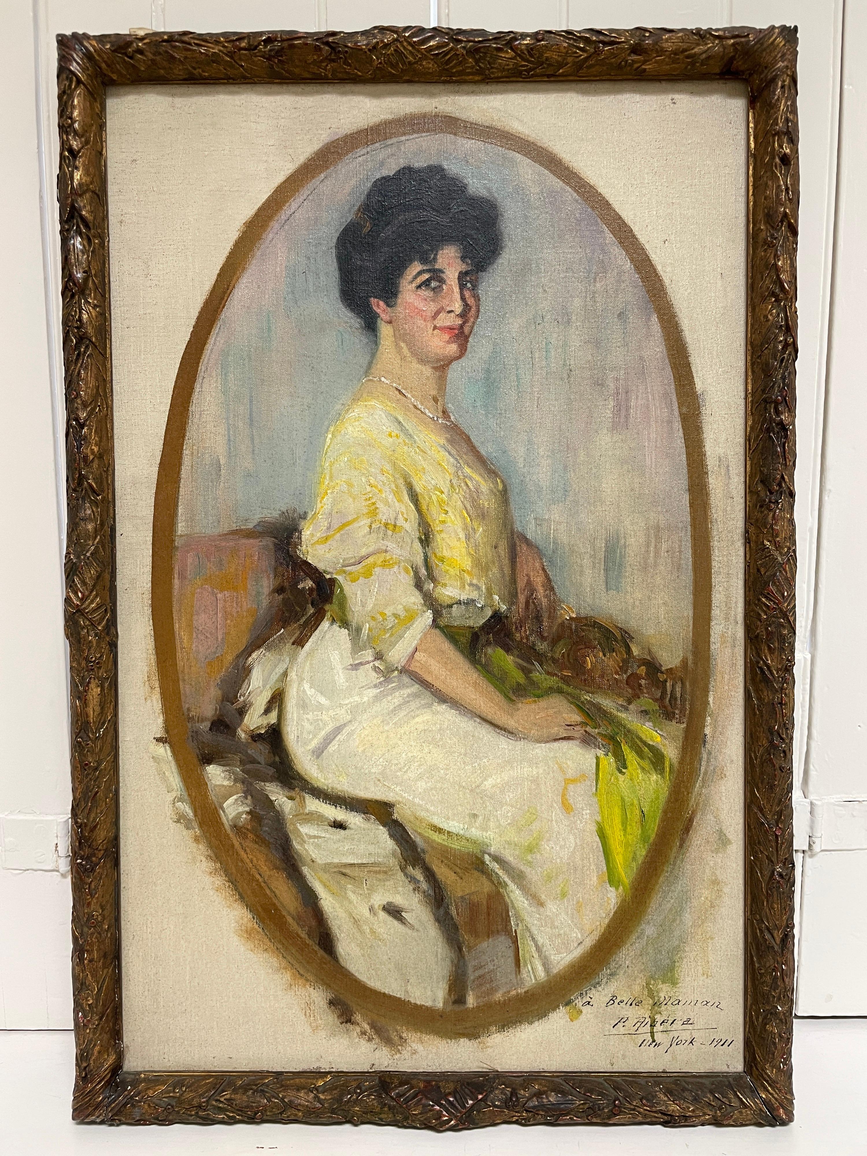 Portrait ovale de femme de New York 1911, huile signée et datée, format oval en vente 4