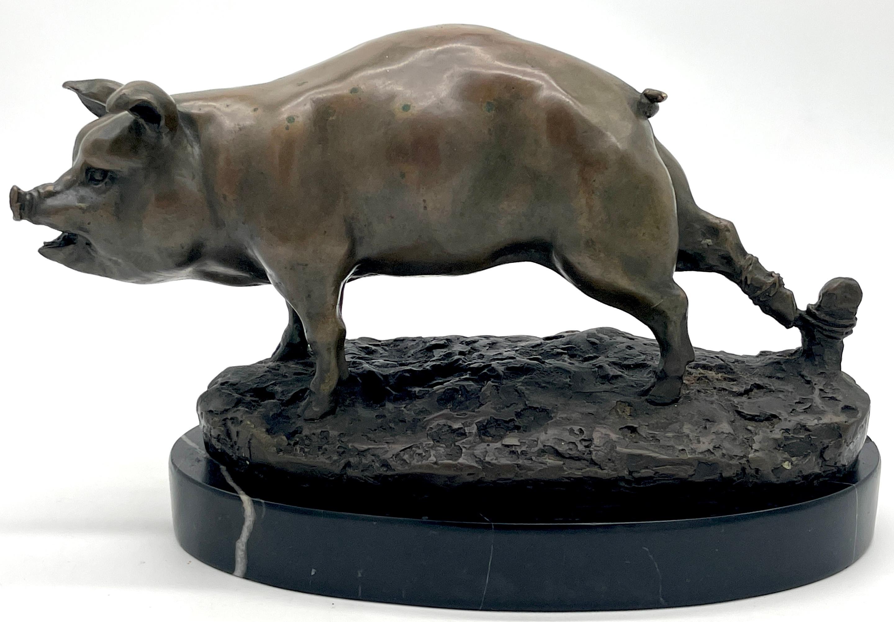 French School Animalier Sculpture Bronze of a Roped Prize Pig
20th Century France, Signed 'Barex'

This 20th-century French School Bronze Animalier Sculpture, signed 'Barex,' captures a scene reminiscent of the esteemed 19th-century French sculptor