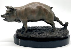 French School Animalier Sculpture Bronze of a Roped Prize Pig