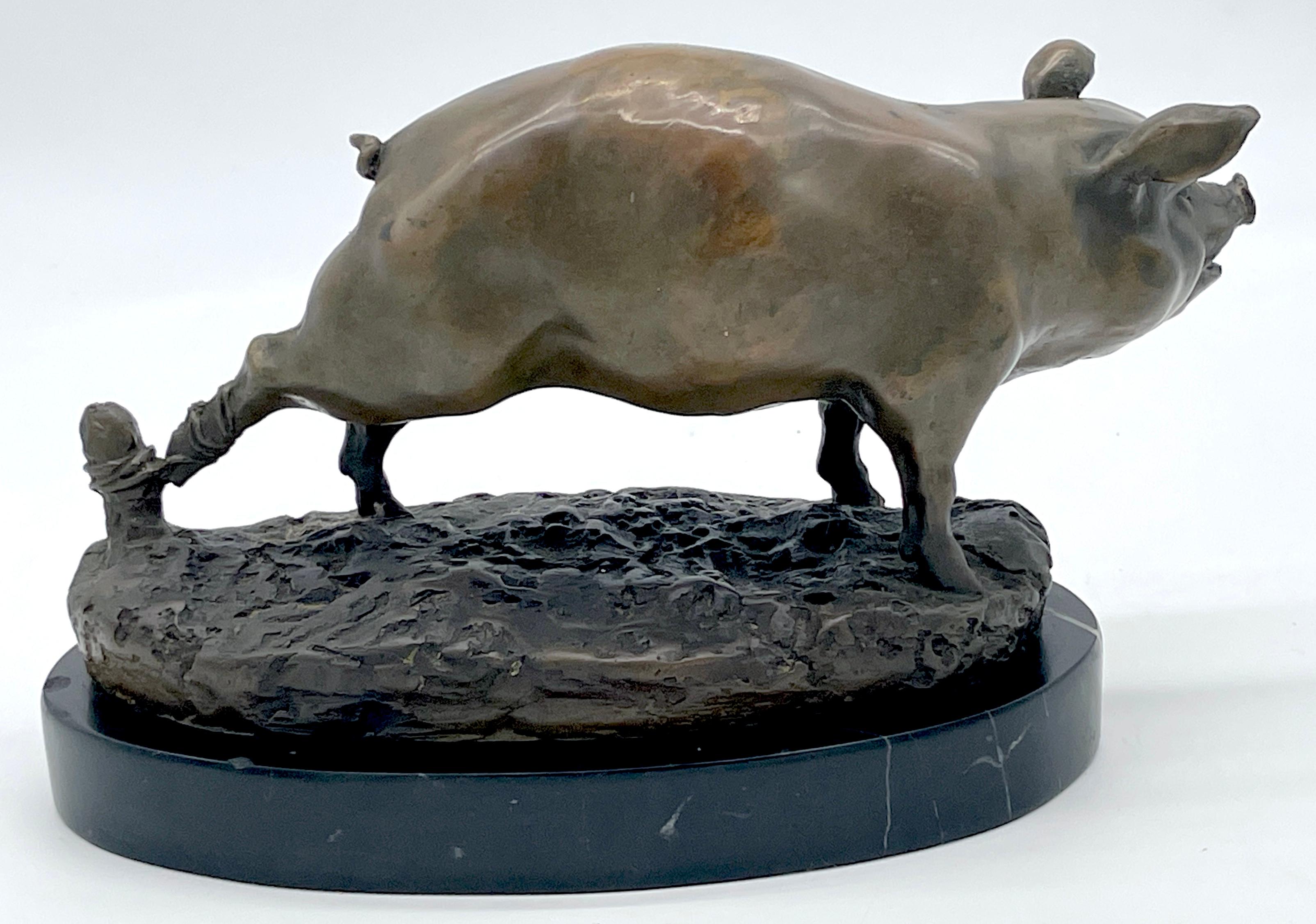 Sporting Art French School Animalier Sculpture Bronze of a Roped Prize Pig For Sale