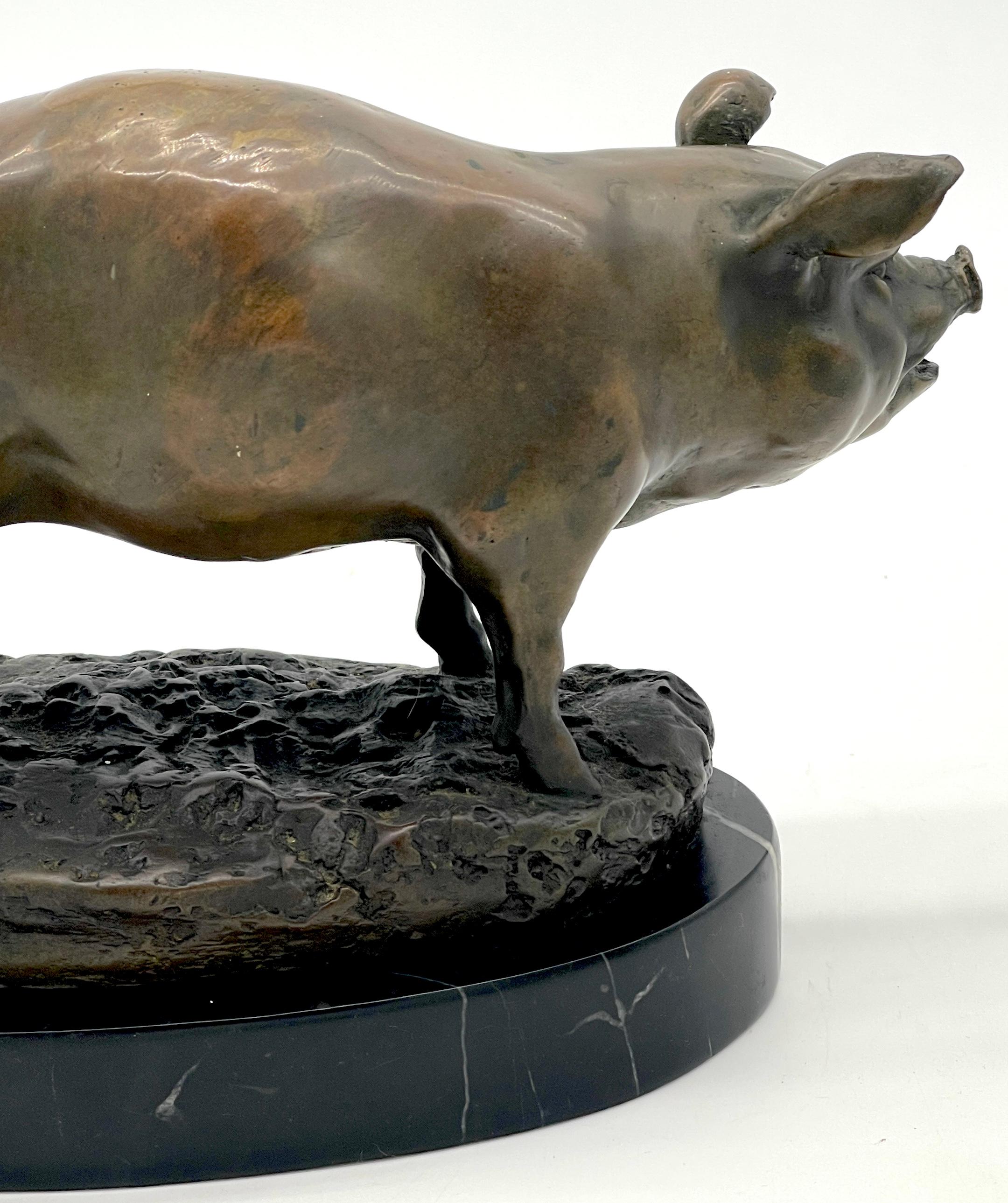 Französische Schule Animalier Sculpture Bronze eines Roped Preis Schwein (Gegossen) im Angebot