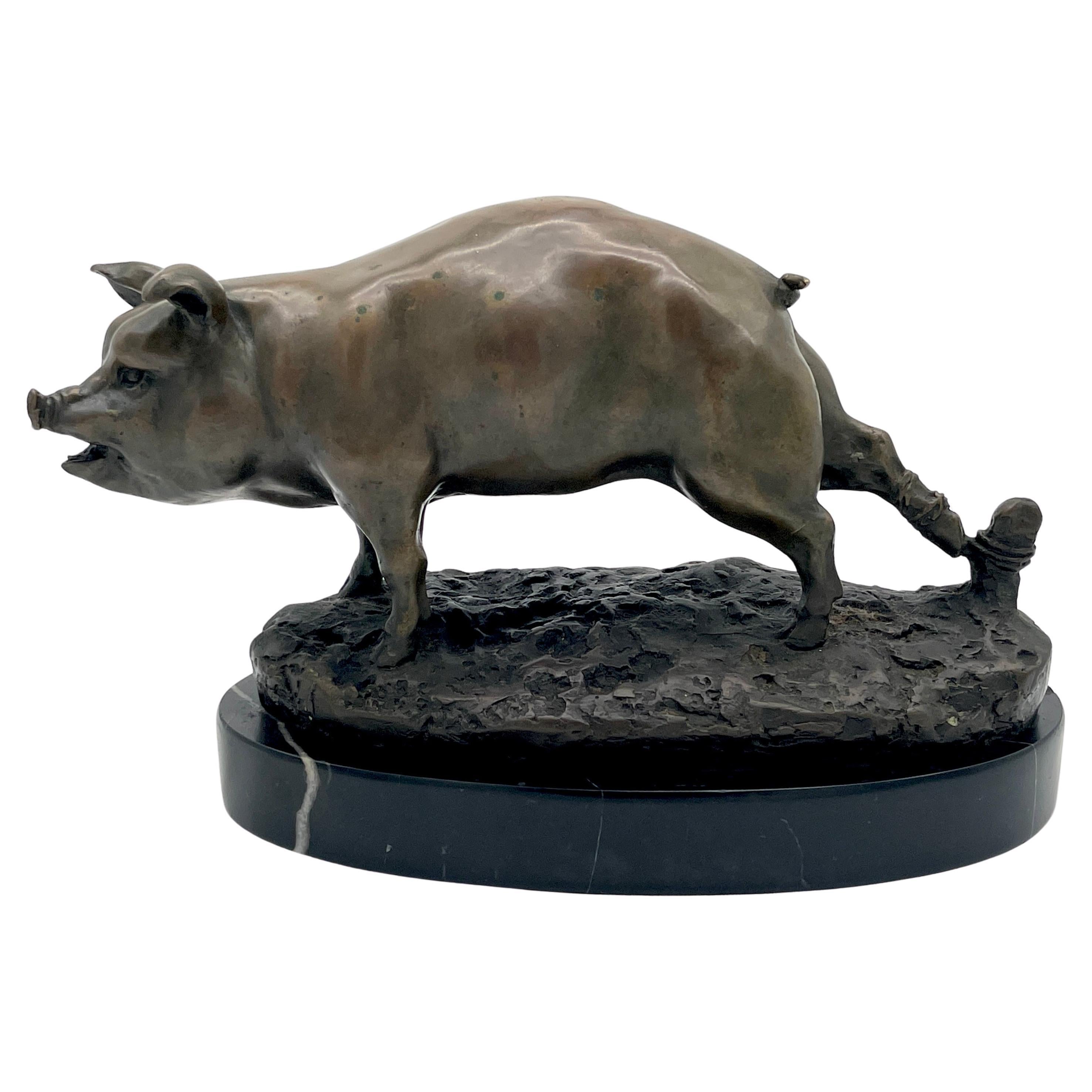 French School Animalier Sculpture Bronze of a Roped Prize Pig For Sale