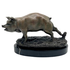 Vintage French School Animalier Sculpture Bronze of a Roped Prize Pig