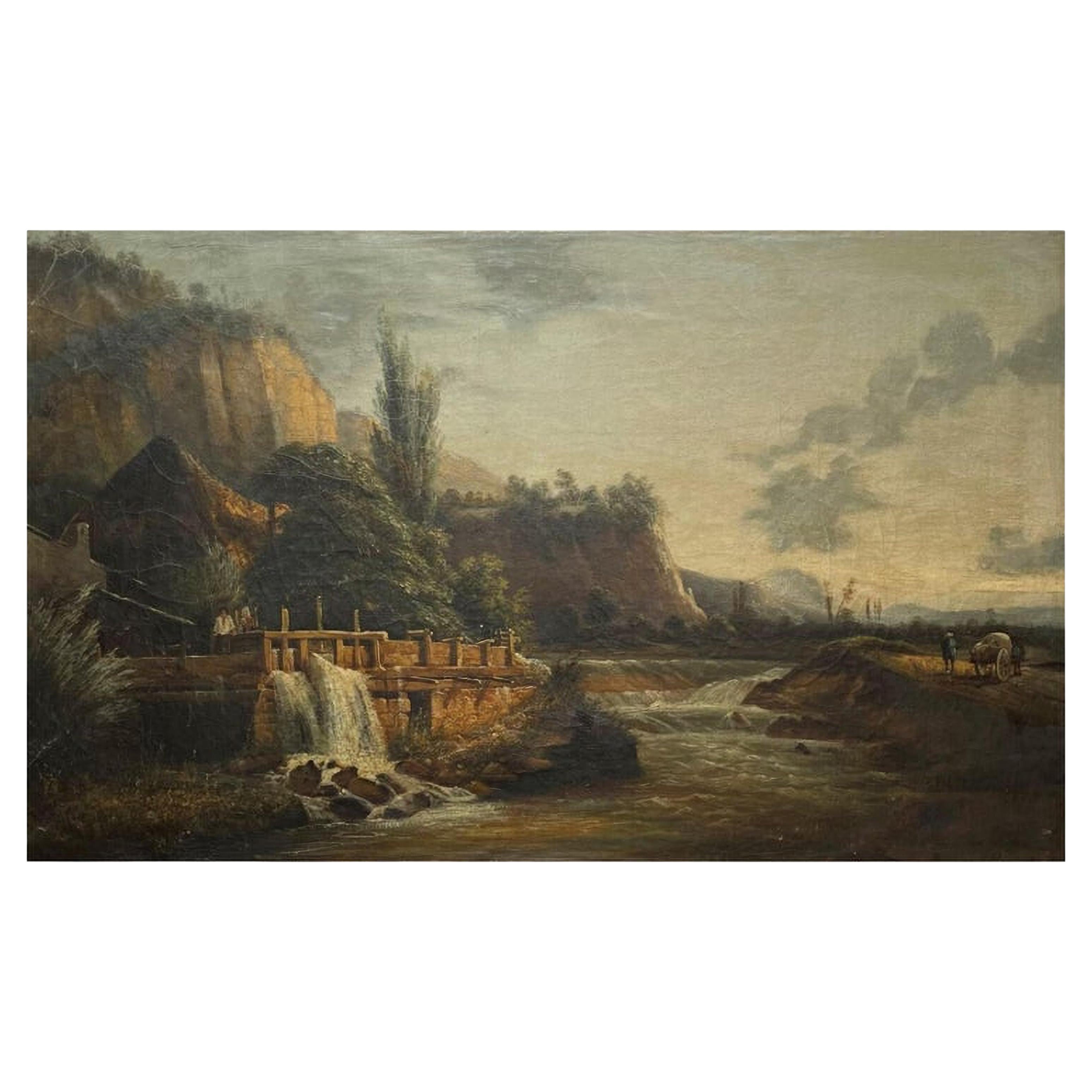 FRENCH SCHOOL circa 1820  19th century " People near a Lock "   For Sale