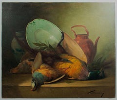 Antique French school, early 20th century oil on canvas, "Still Life with Pheasants"