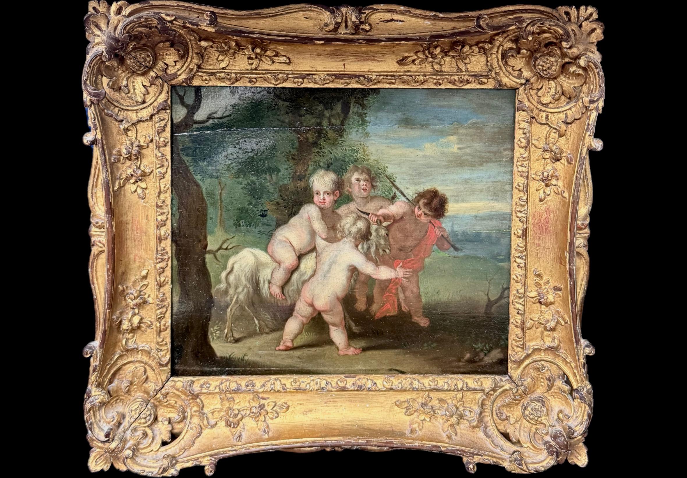 18. Jahrhundert Öl auf Karton, Französisch Schule Gemälde von vier Putti Herumtollen mit einer Ziege. Das Gemälde zeigt vier Putten - nackte, verspielte, kindliche Figuren, die mit Liebe und Unschuld assoziiert werden -, die in einer pastoralen