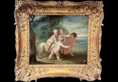 French School, Four Frolicking Putti Painting, 18th Century Oil on Board