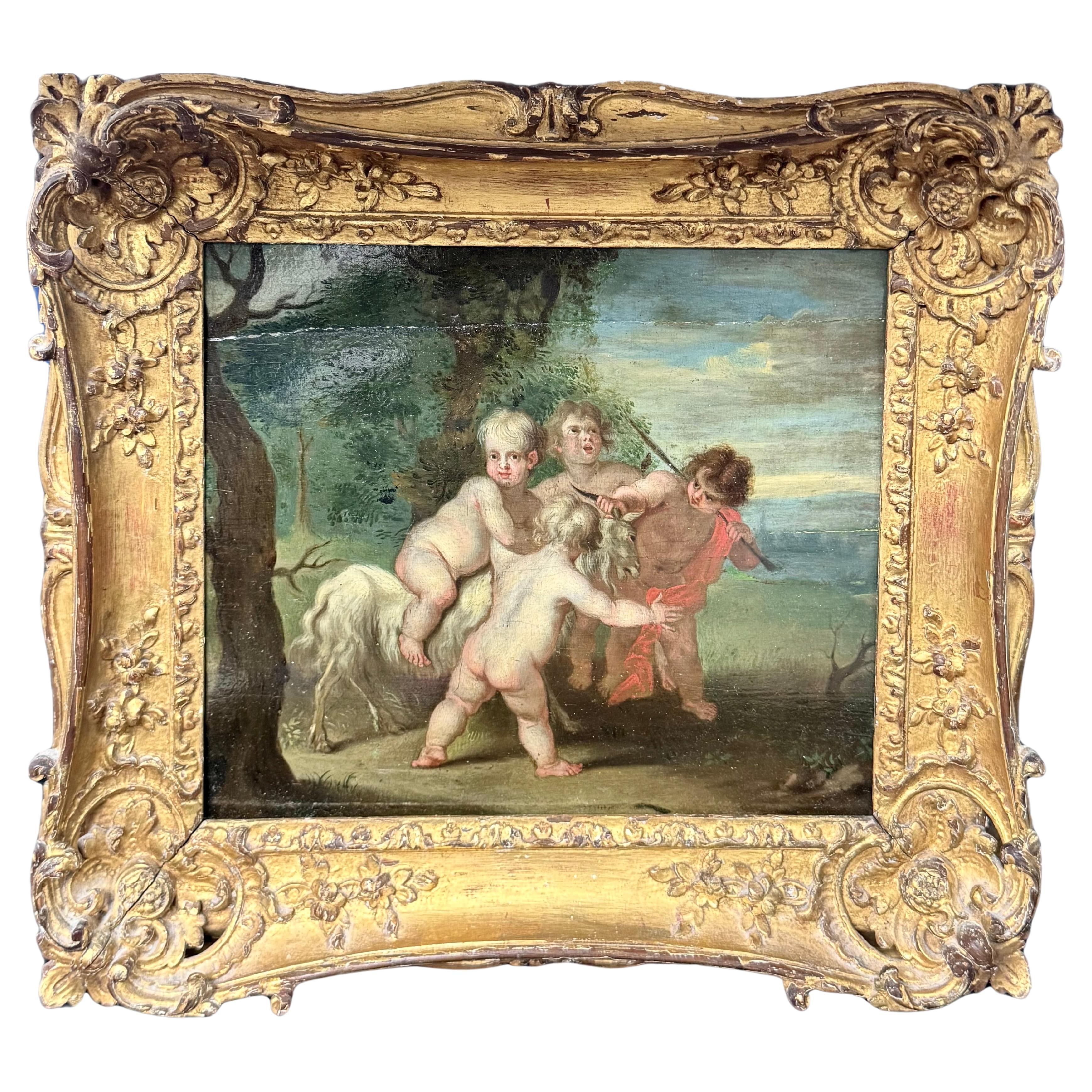 French School, Four Frolicking Putti Painting, 18th Century Oil on Board