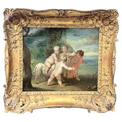 Escuela Francesa, Pintura Cuatro Putti retozando, Siglo XVIII Óleo sobre tabla