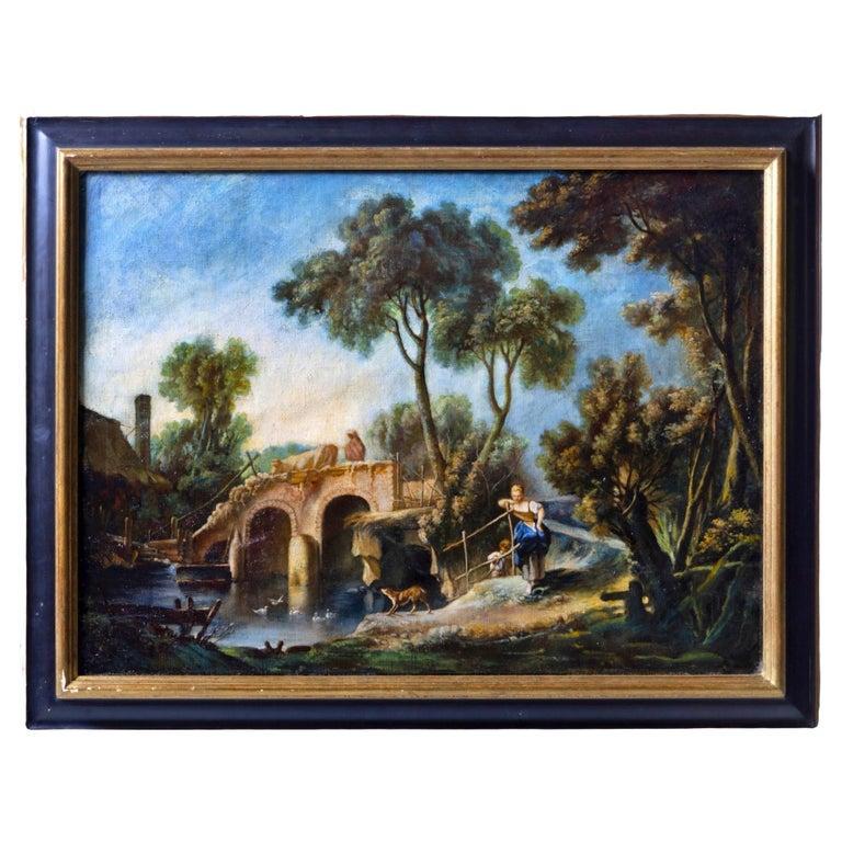 Französische Schule „Landschaft mit Figuren“, Öl auf Leinwand aus dem 19. Jahrhundert im Zustand „Gut“ im Angebot in Madrid, ES