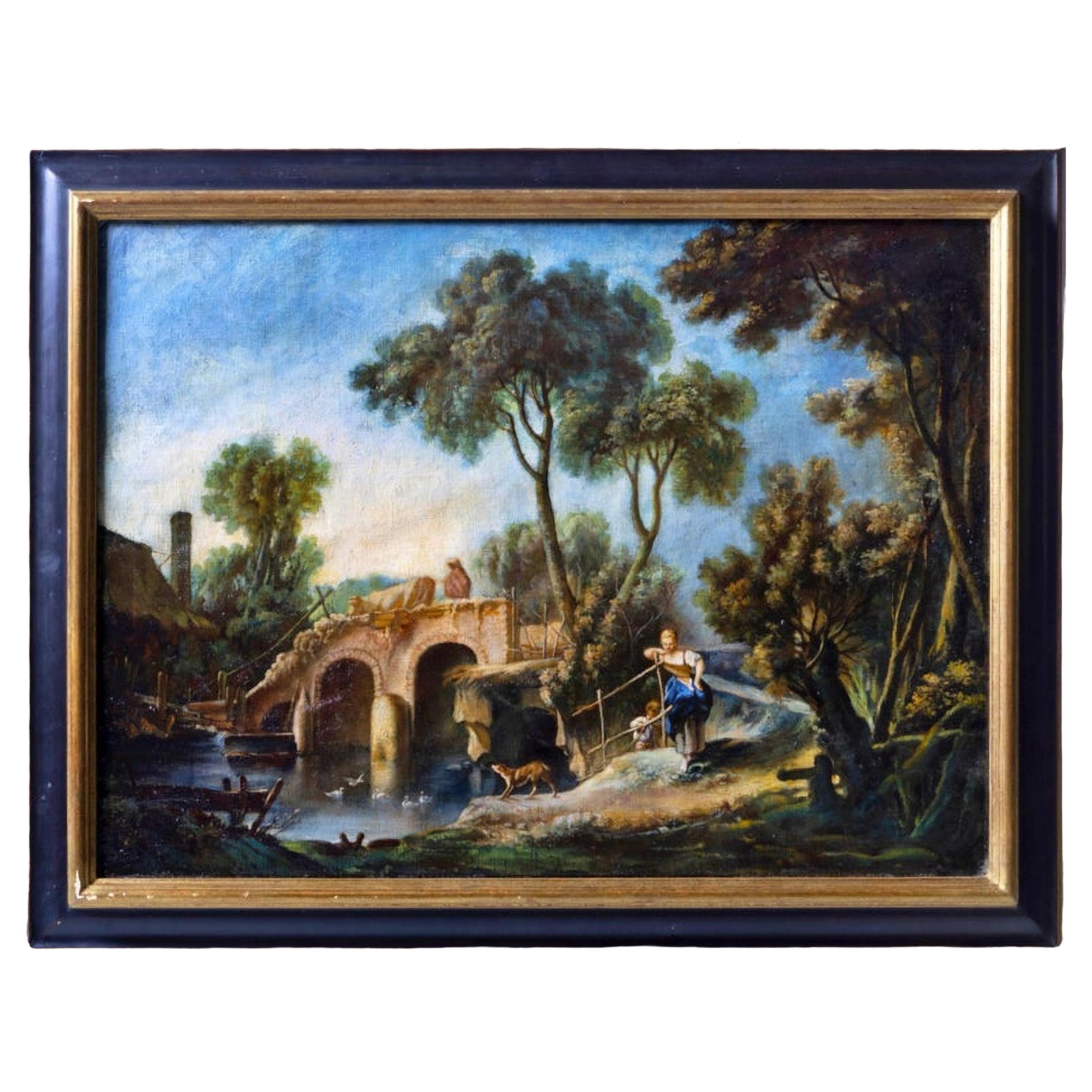 Paesaggio con figure di scuola francese, olio su tela del XIX secolo