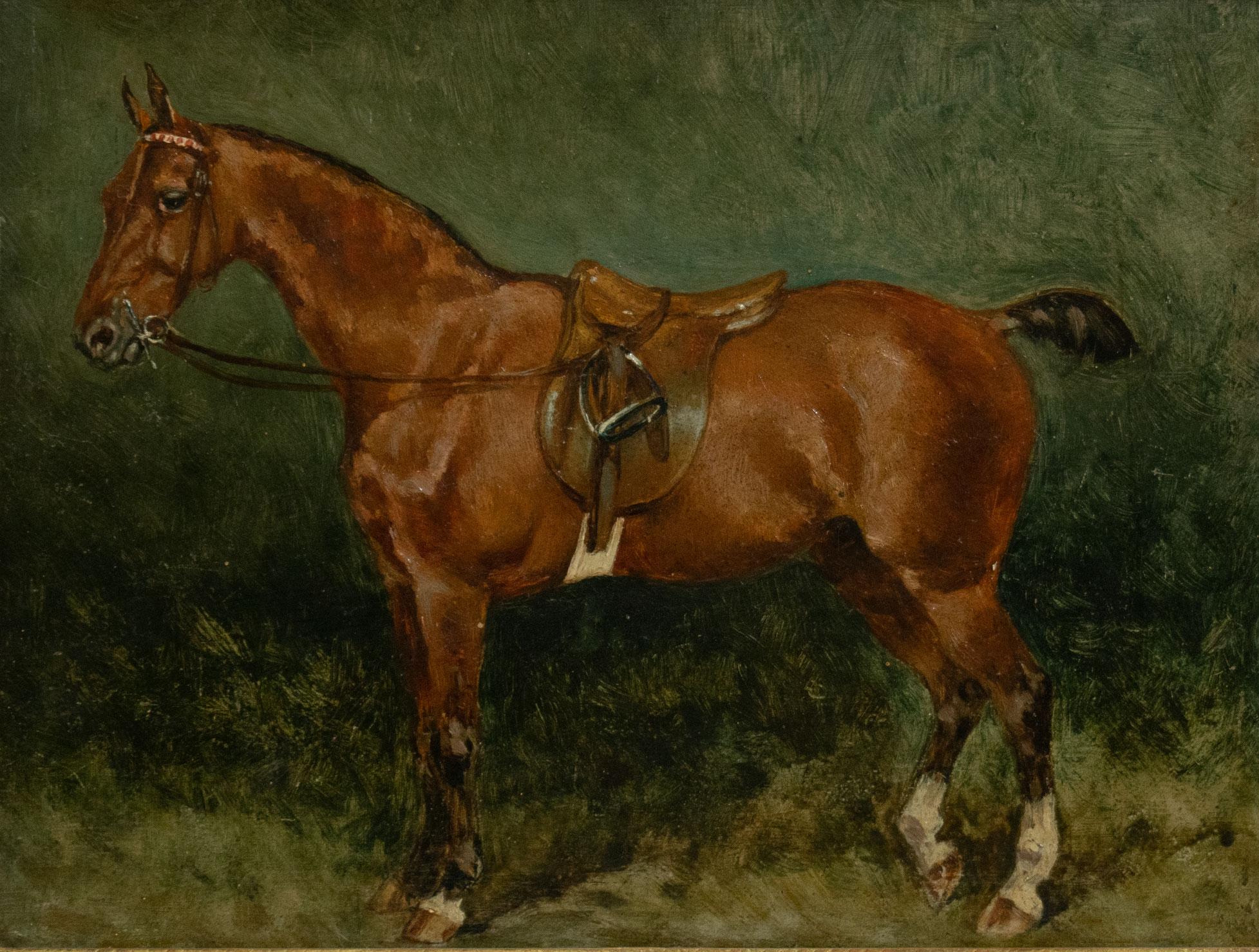 French School Late 19th century. The Bay Riding Horse.

Oil on panel, unsigned. Painting of a bridled and saddled bay horse with traditional docked tail of the period.

21.5 x 27.2cm.

Mounted in an Italian carved, gilded wooden frame decorated with