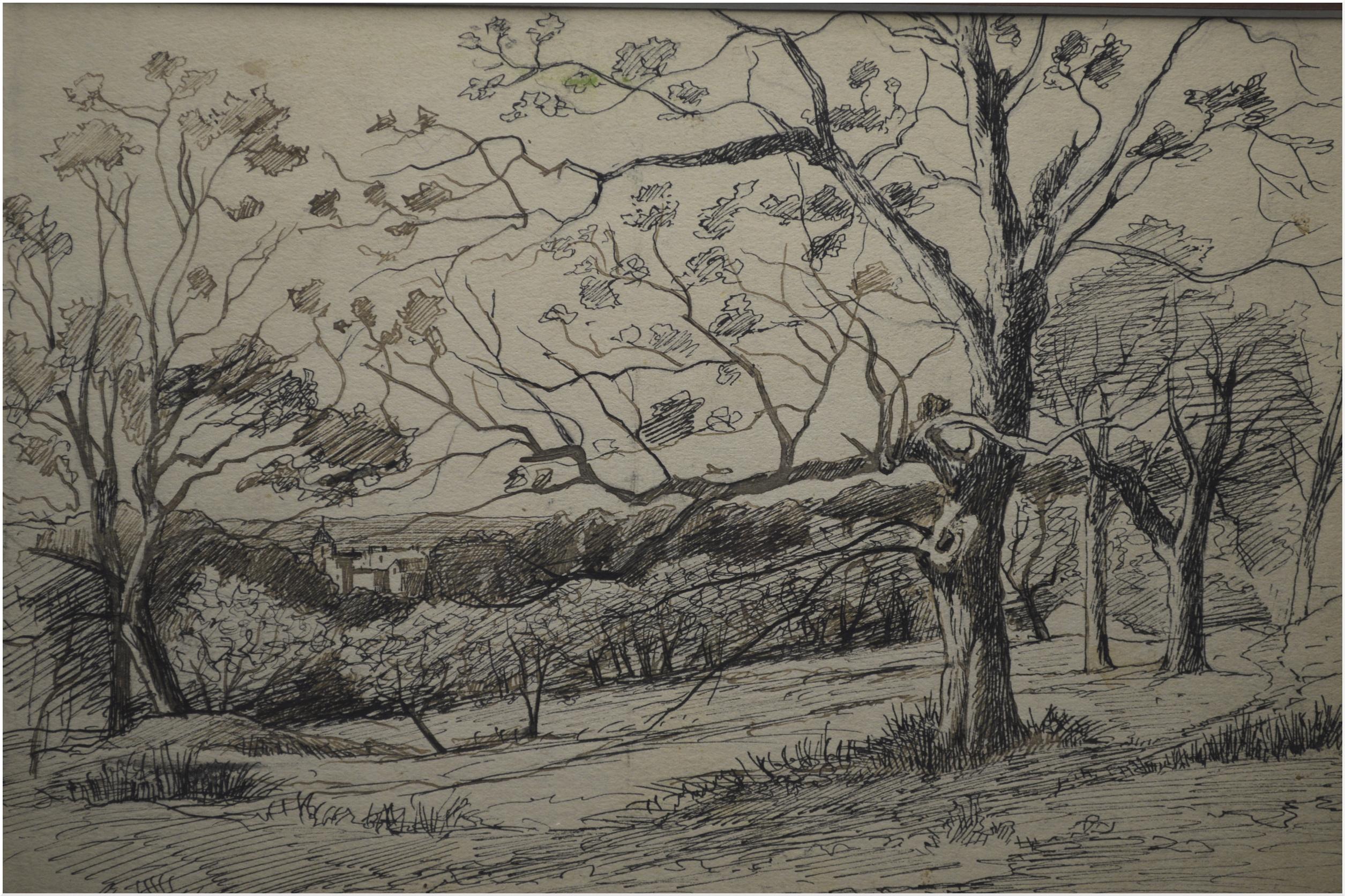 Wash and ink on paper representing a bucolic landscape by Alexis Eugène GUIGNE (1839-1920)

End of the 19th century - beginning of the 20th century

In the foreground, centuries-old trees in front of a forest, in the background, the village of