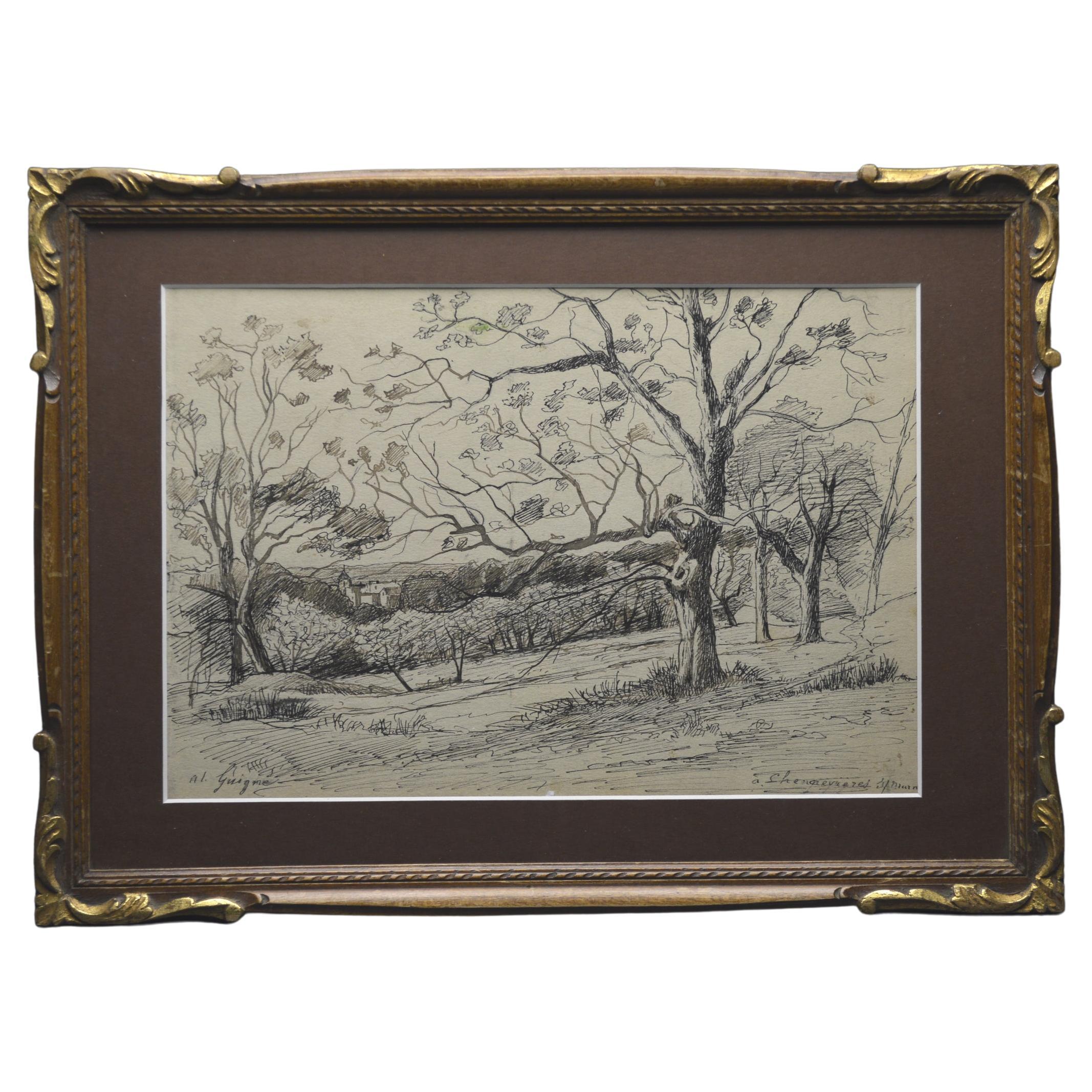 French School, Late 19th - Early 20th Century, Ink on Paper, Signed Al. Guigne For Sale