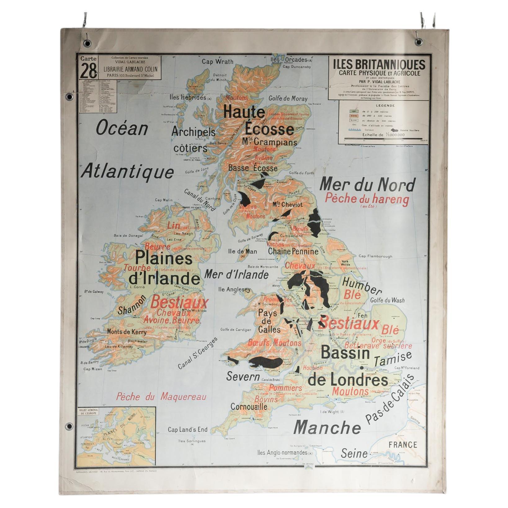 French School Map of Uk, Double-Sided For Sale