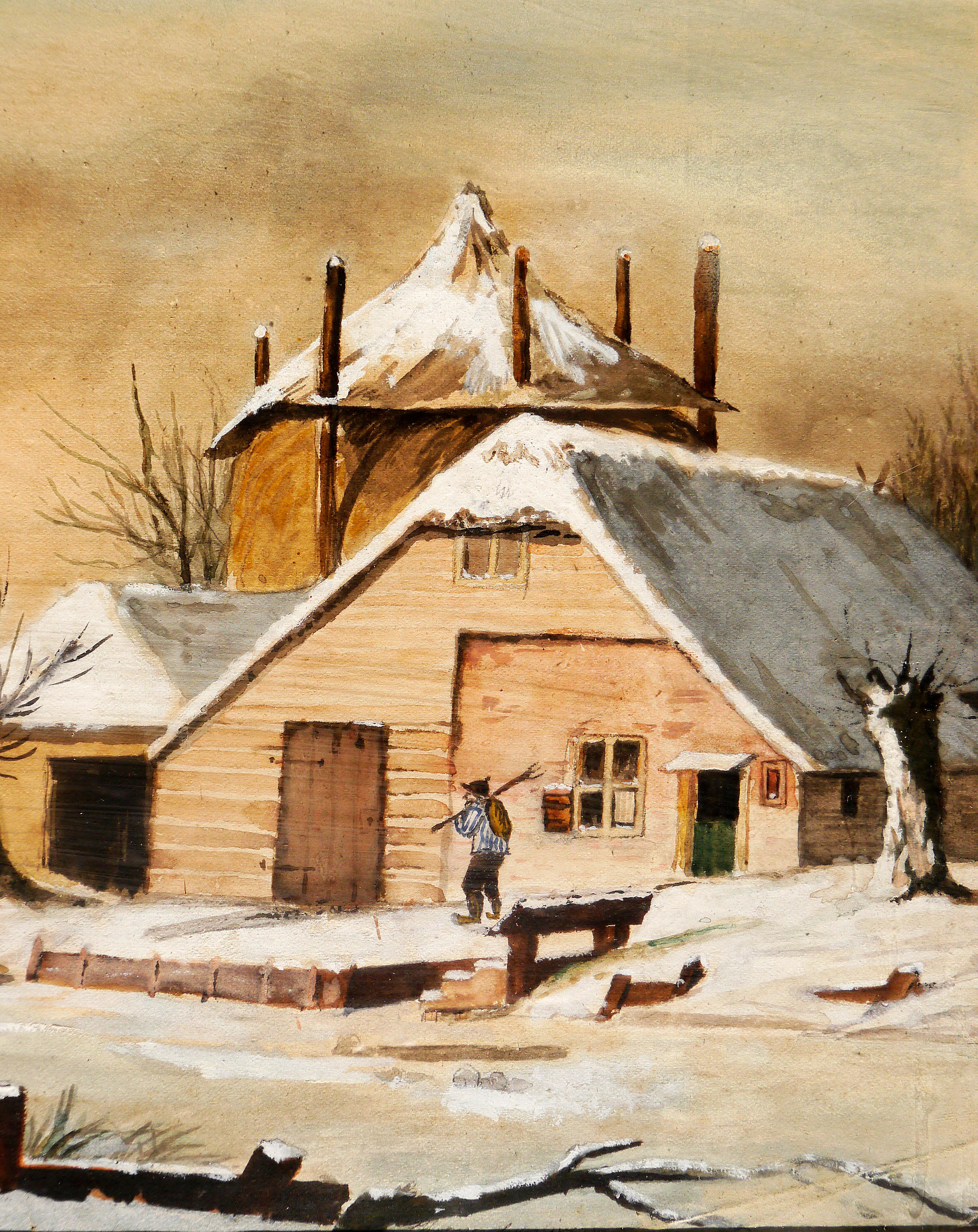 Siglo XIX Escuela holandesa Escena invernal Pintura al óleo Firmada - Painting de French School Masters
