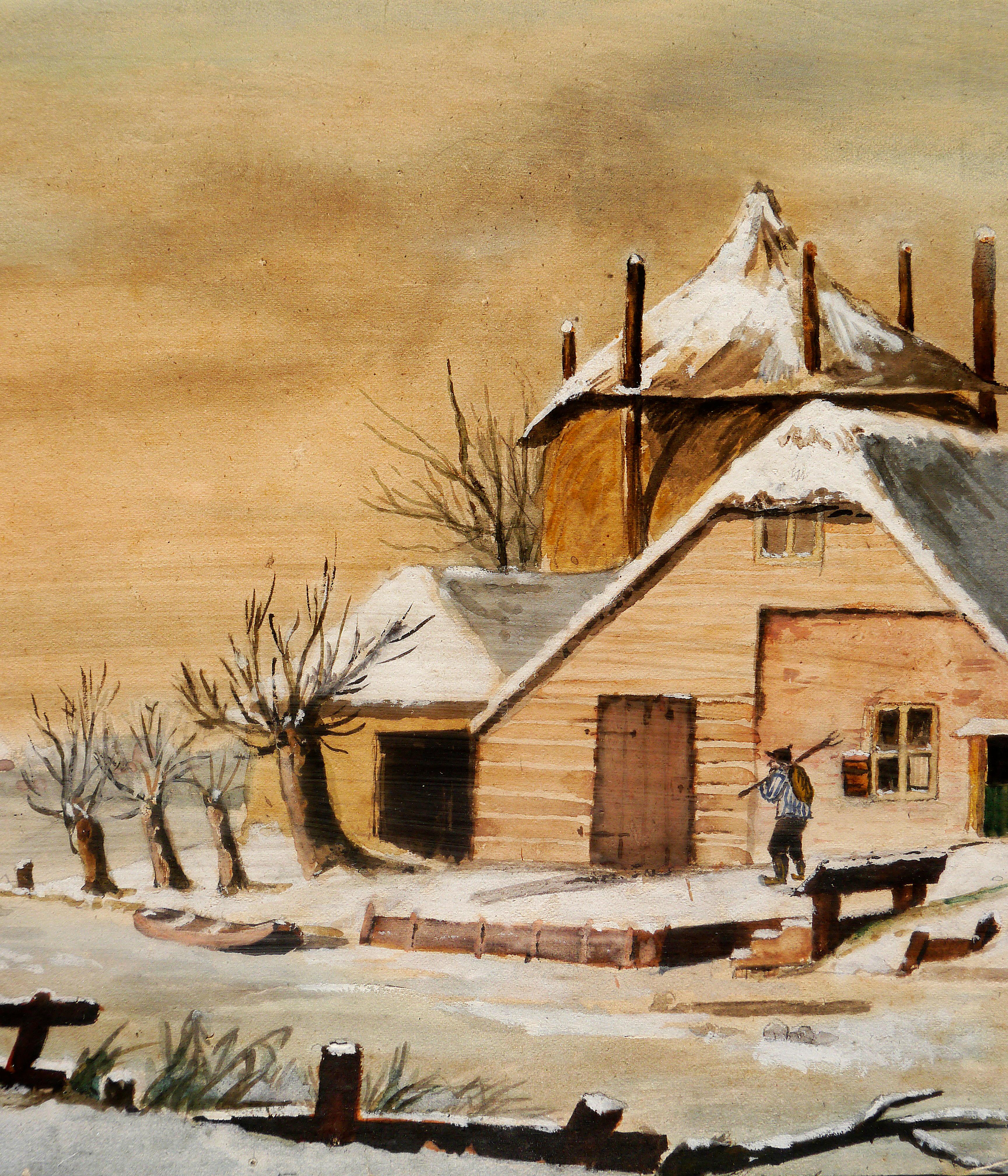 Siglo XIX Escuela holandesa Escena invernal Pintura al óleo Firmada - Painting Romántico de French School Masters