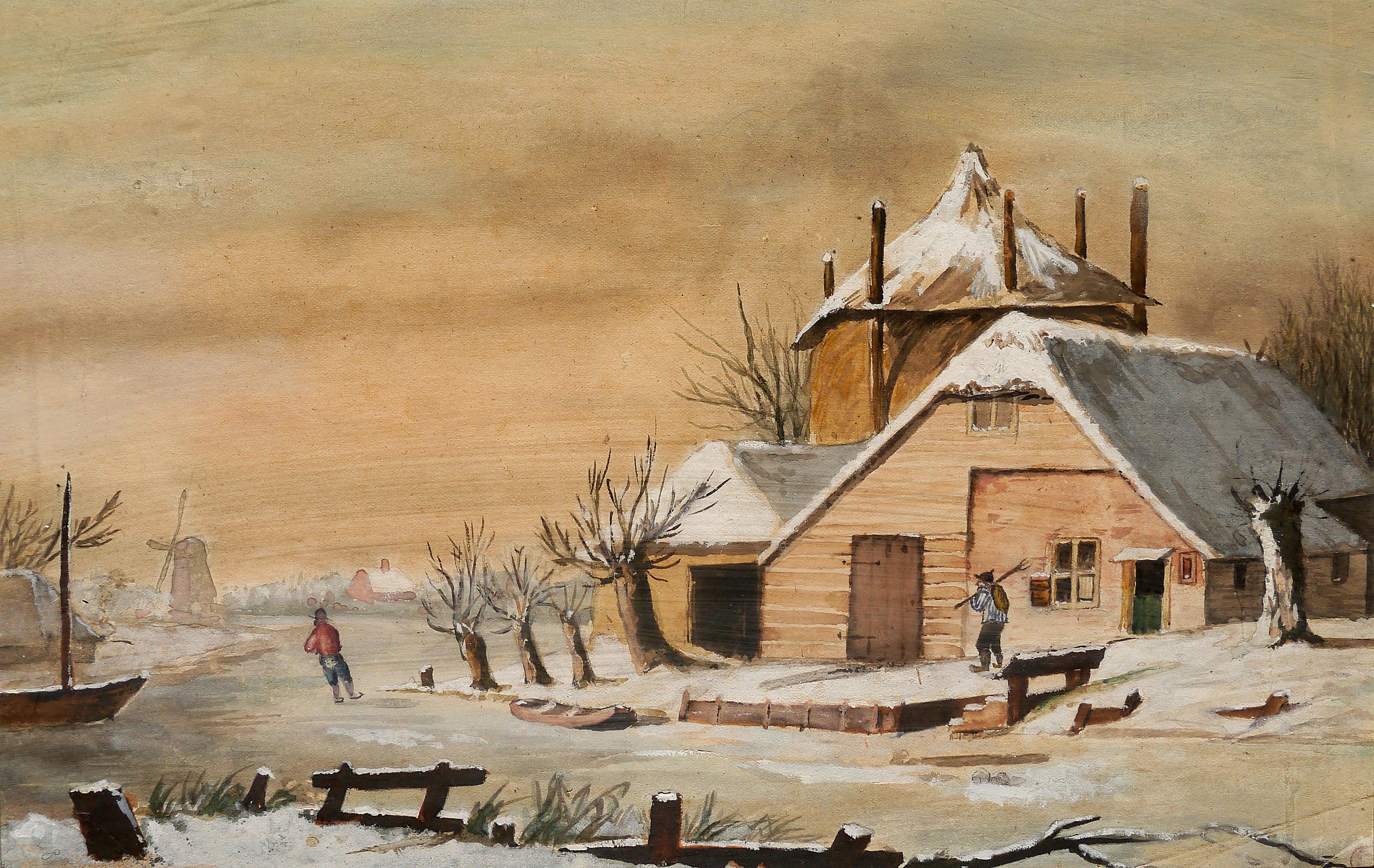 Siglo XIX Escuela holandesa Escena invernal Pintura al óleo Firmada en venta 1
