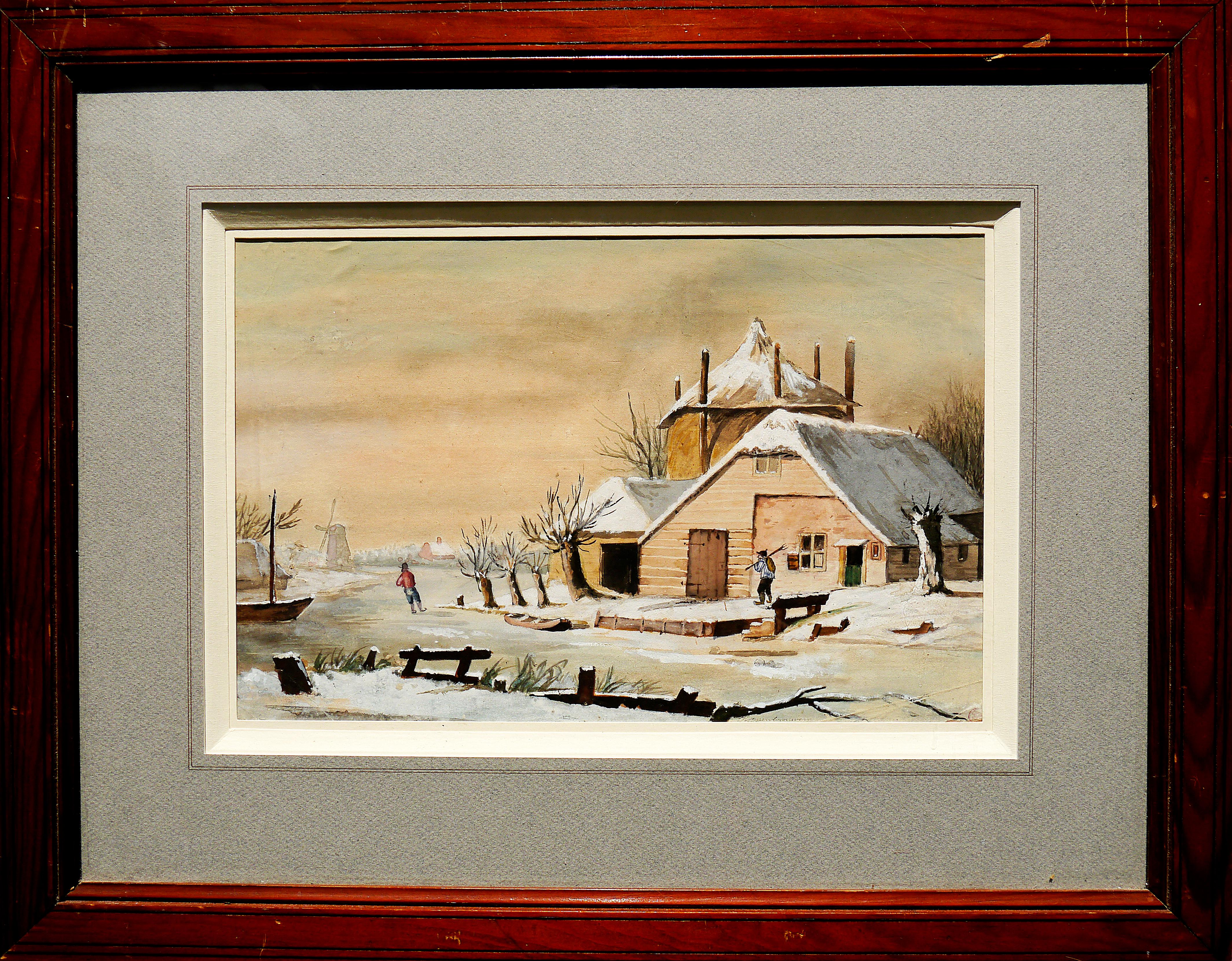 19° secolo Scuola d'Olanda Scena d'inverno Pittura ad olio firmata