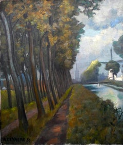 Scuola belga Paesaggio luminoso Paesaggio del canale con mulino Firmato 1951