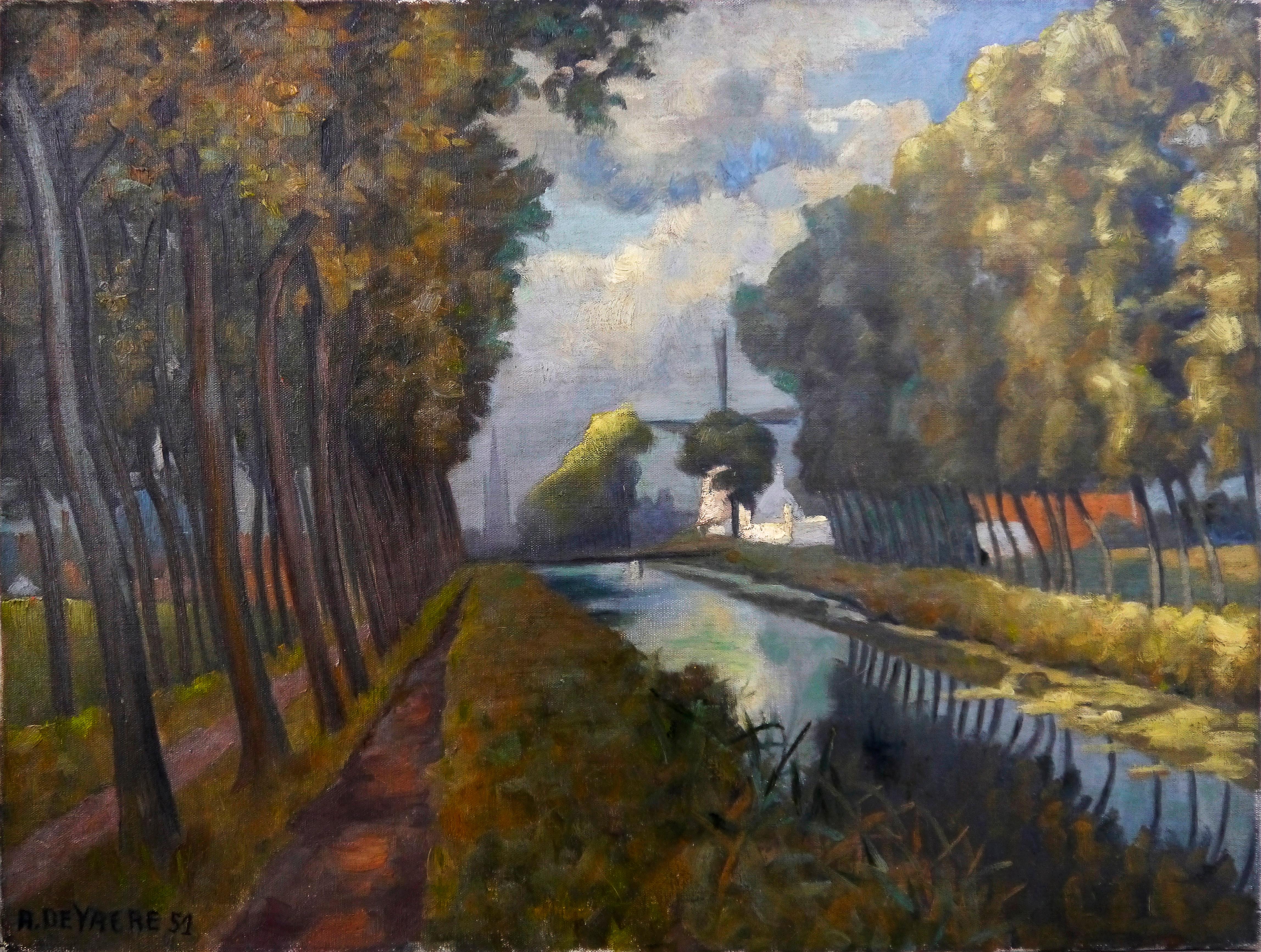 French School Masters Figurative Painting - Belgian school Luminous Landscape Canal Landscape with Mill Signed 1951