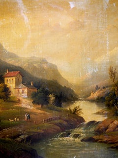 French Barbizon school Mountain Landscape Oil painting Signed