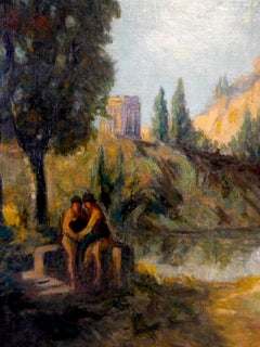 Scuola francese. Scena antica. Paesaggio. Olio su tela. Firmato