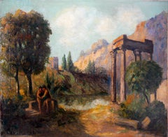 Scuola francese. Scena antica. Paesaggio. Olio su tela. Firmato