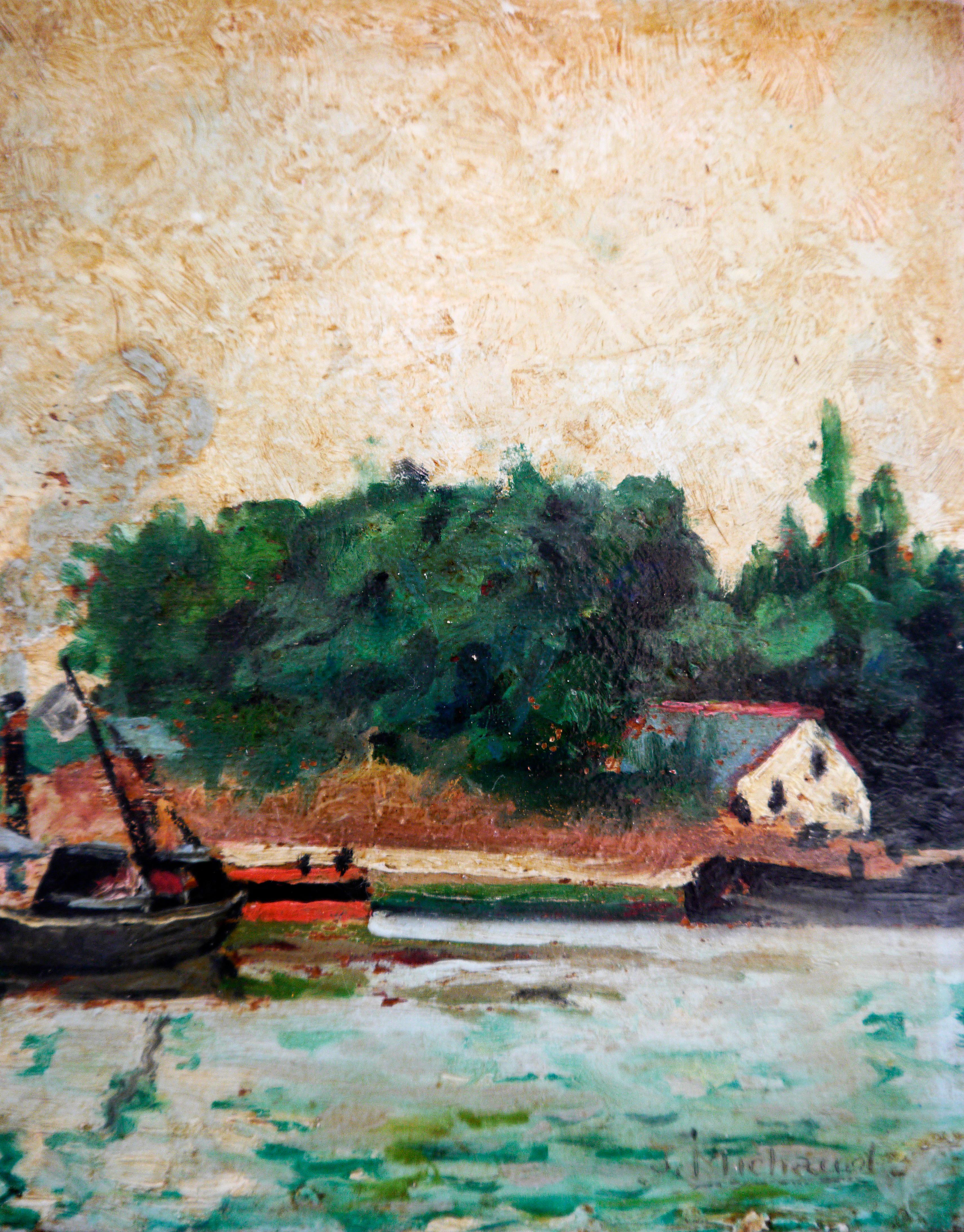 French school Au Port Oil painting Signed - Painting by French School Masters