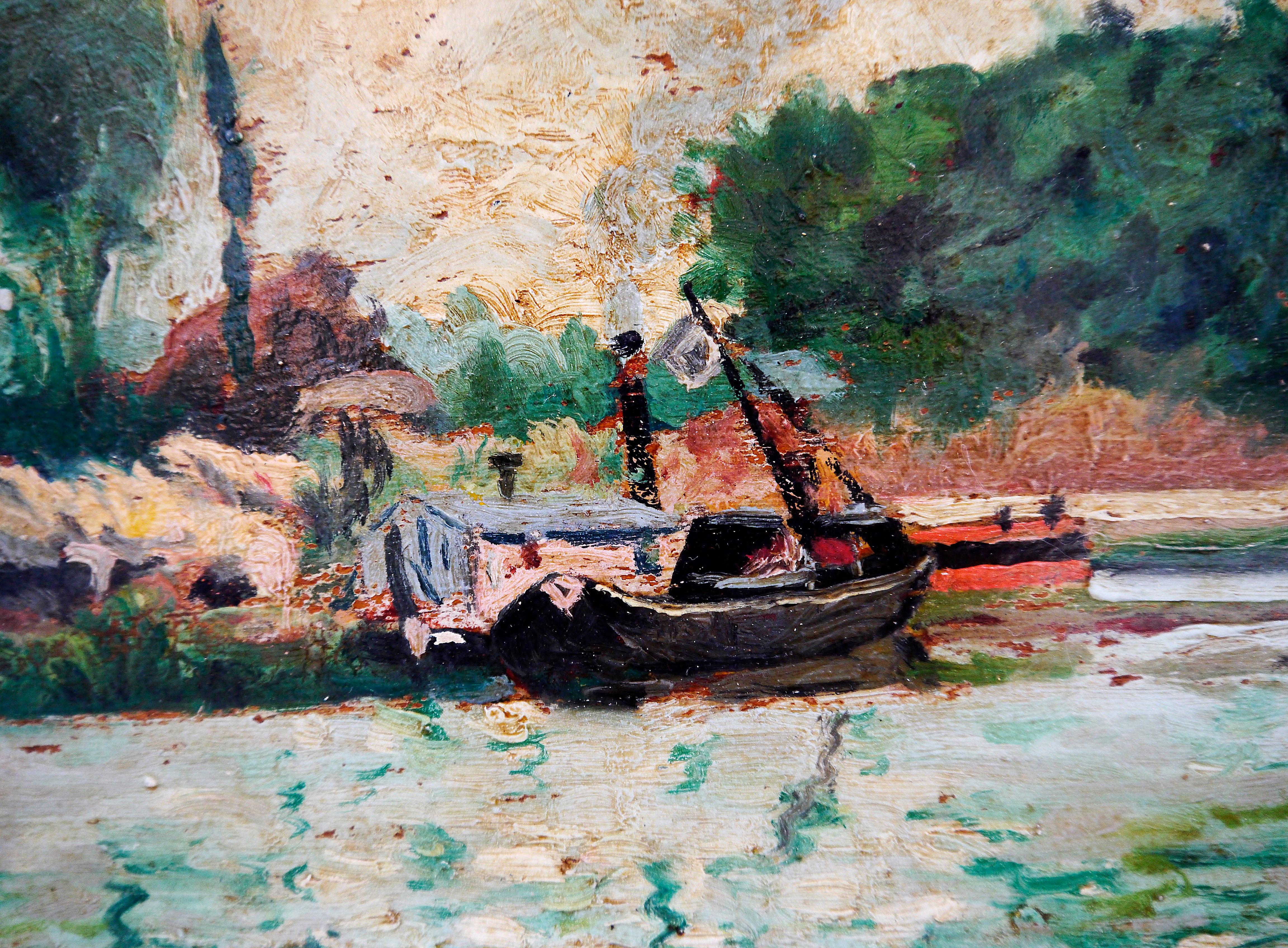 French school Au Port Oil painting Signed - Impressionist Painting by French School Masters