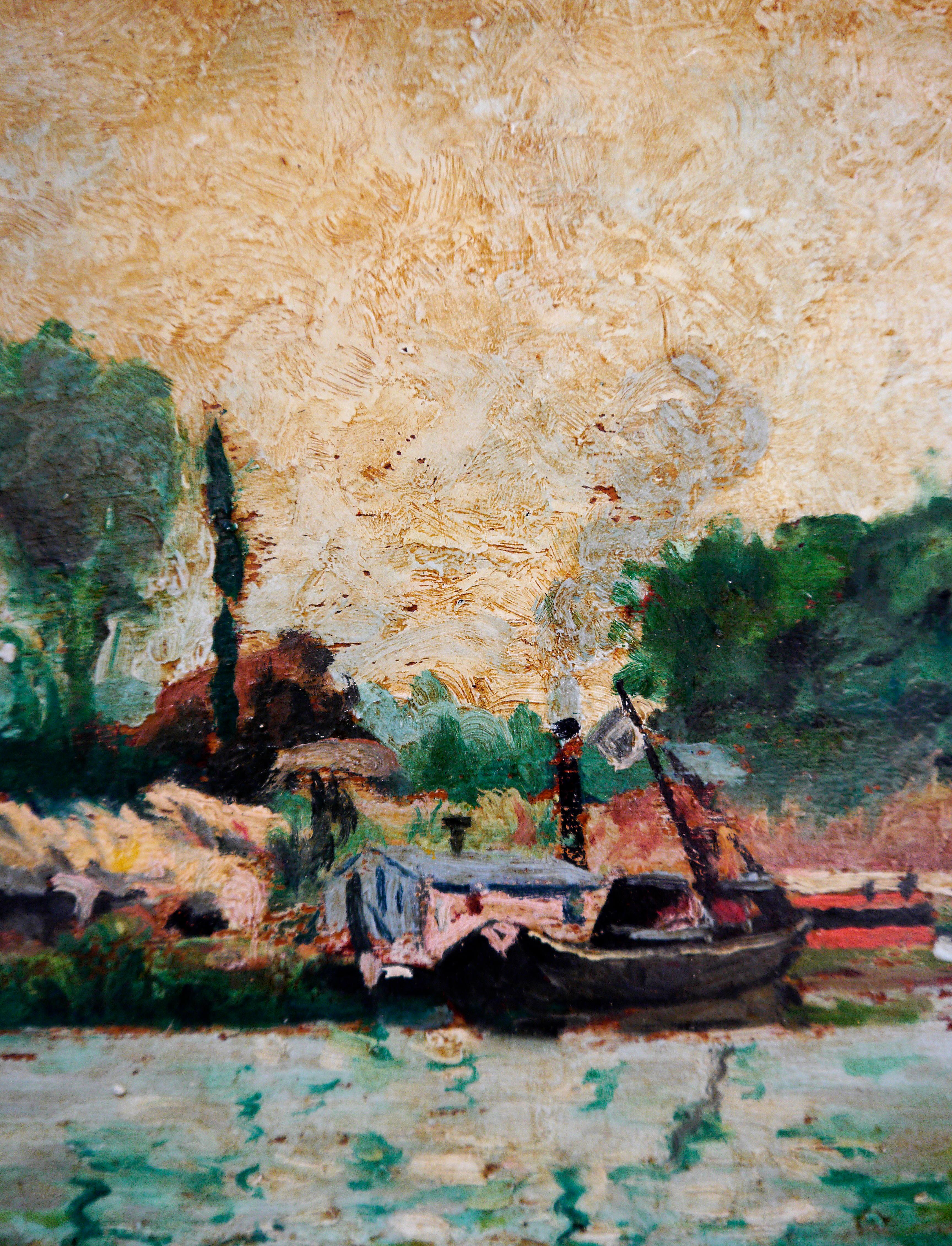 ➡️Au port from J Michaud⬅️

This painting is an impressionistic landscape depicting a riverside scene with boats, houses, and lush greenery. 

⭐Structural Analysis⭐

The artwork portrays a tranquil riverside with a small boat in the foreground,