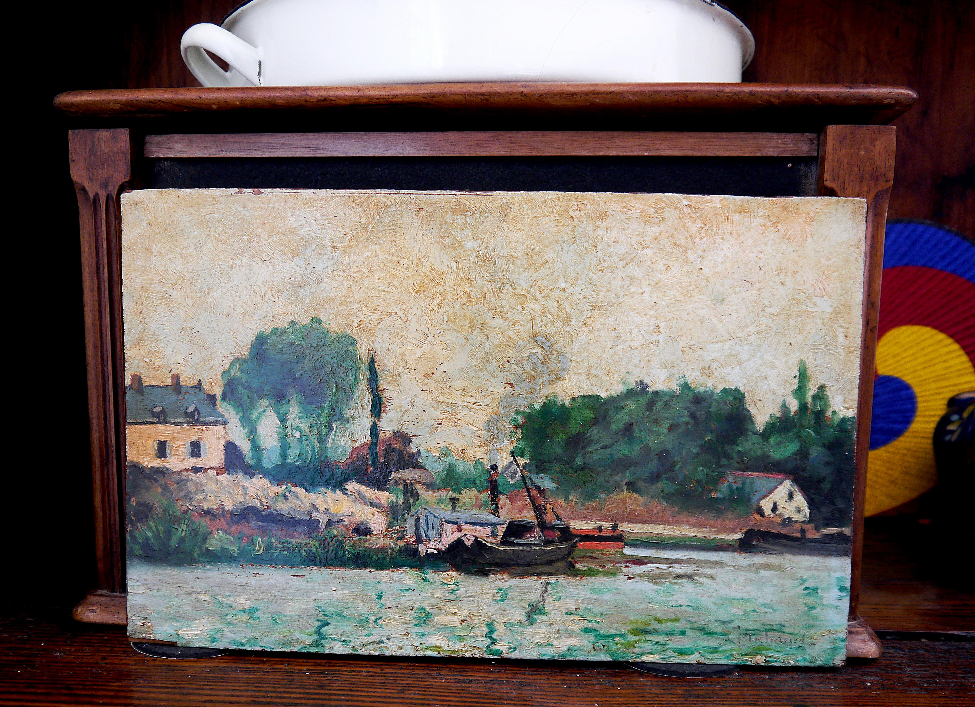 French school Au Port Oil painting Signed 1