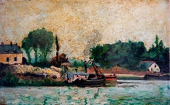 French school Au Port Oil painting Signed
