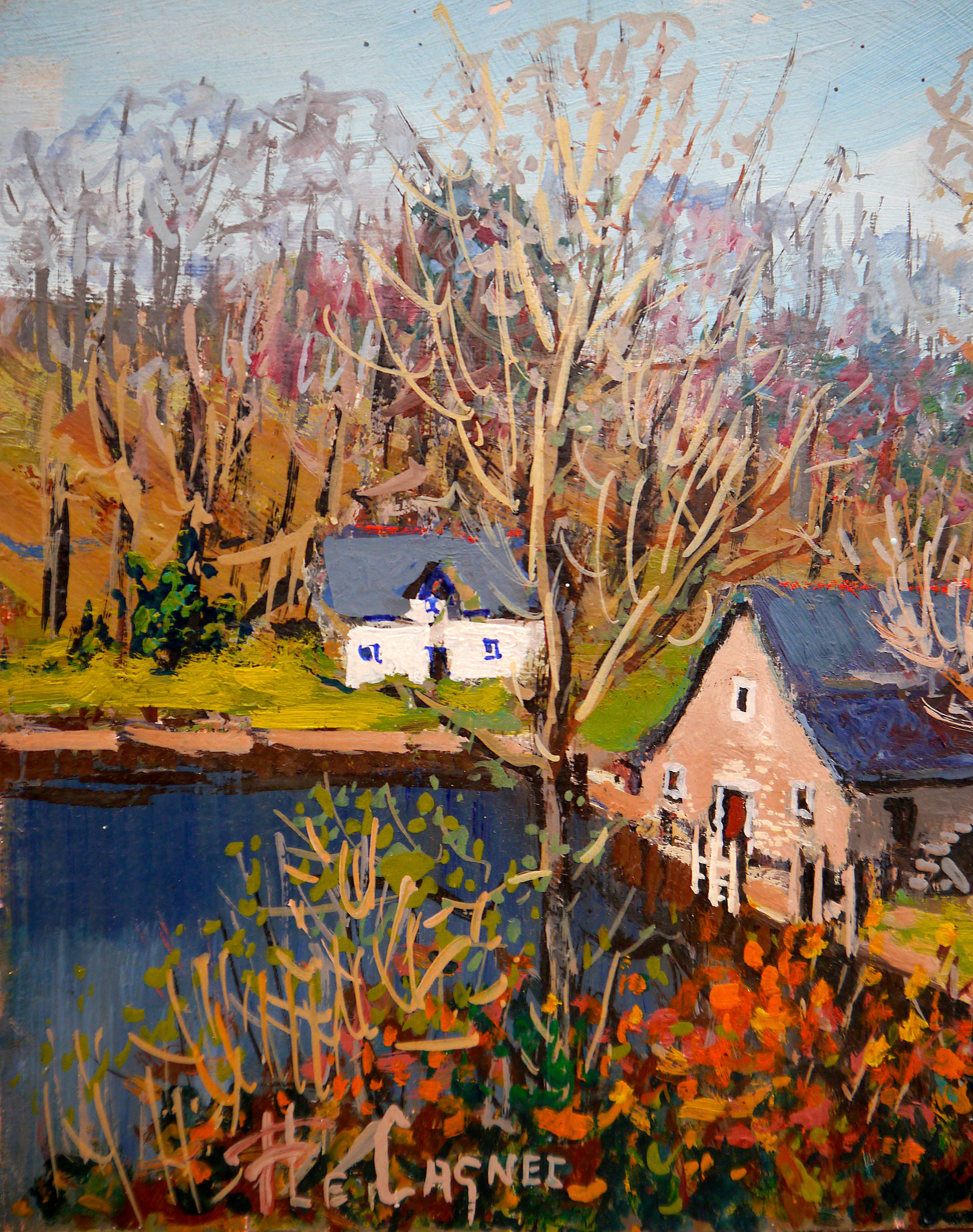 French school Barn landscape Oil painting Signed - Painting by French School Masters