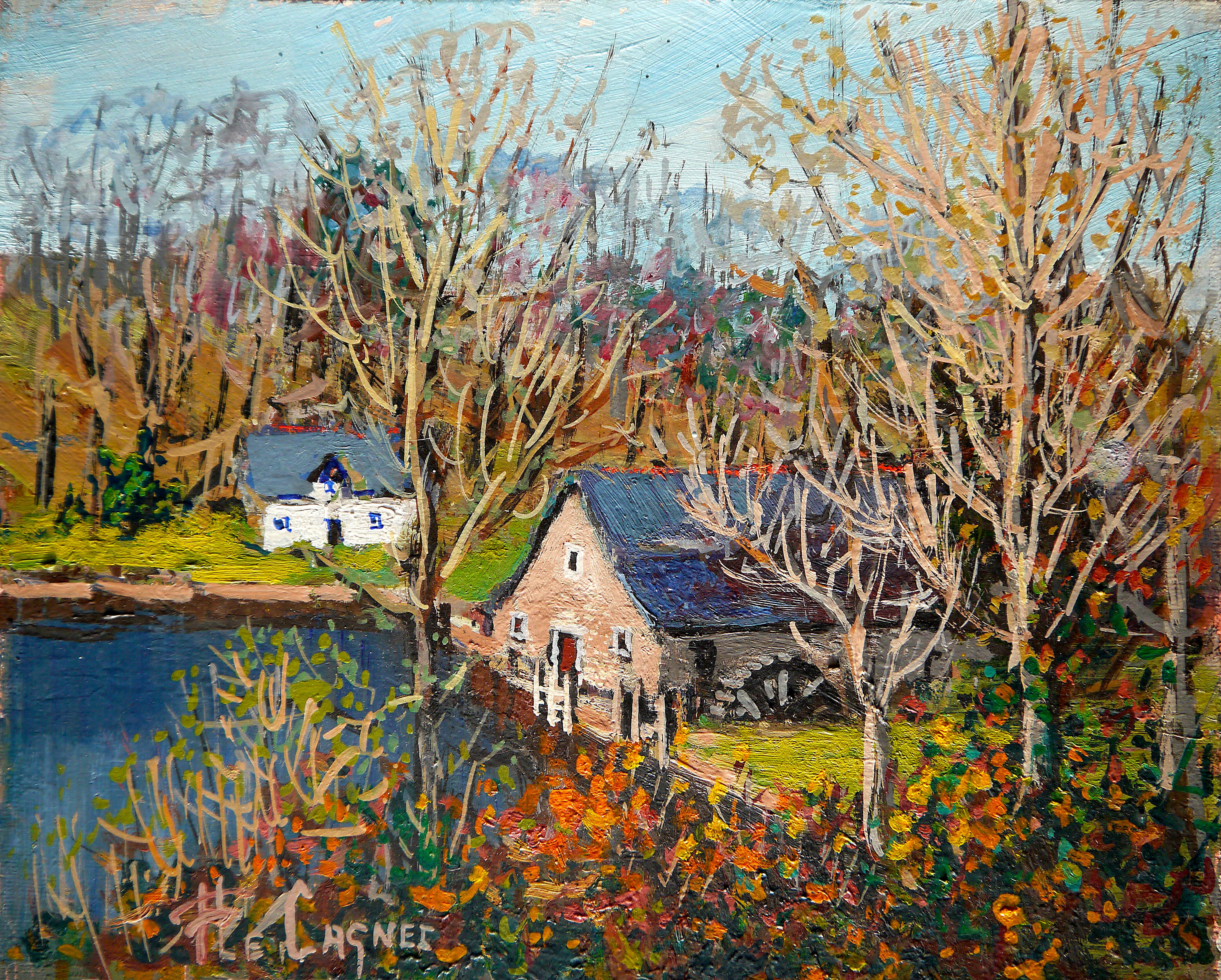 French school Barn landscape Oil painting Signed - Tonalist Painting by French School Masters