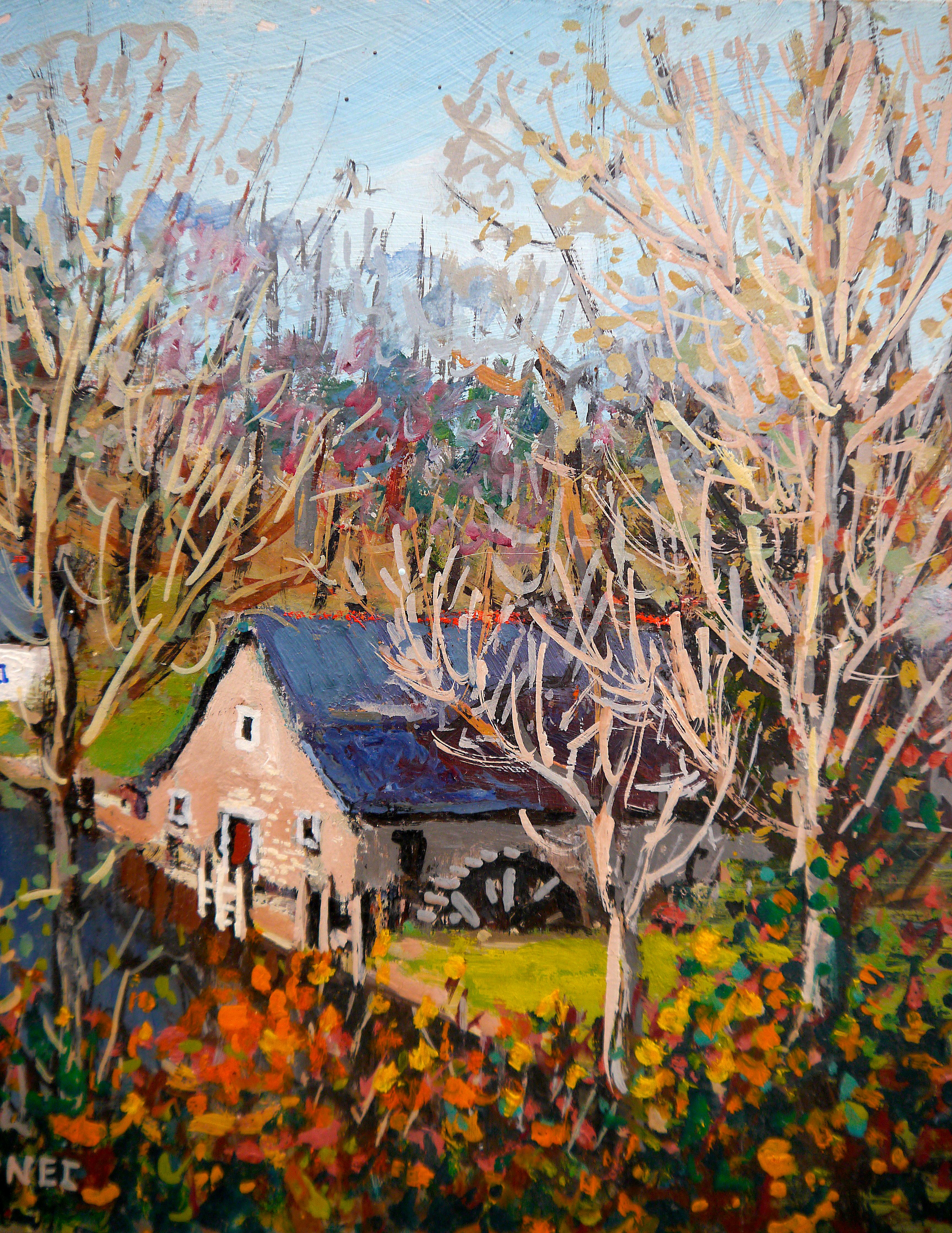 French school Barn landscape Oil painting Signed - Brown Figurative Painting by French School Masters