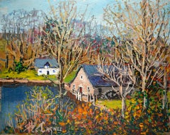 French school Barn landscape Oil painting Signed