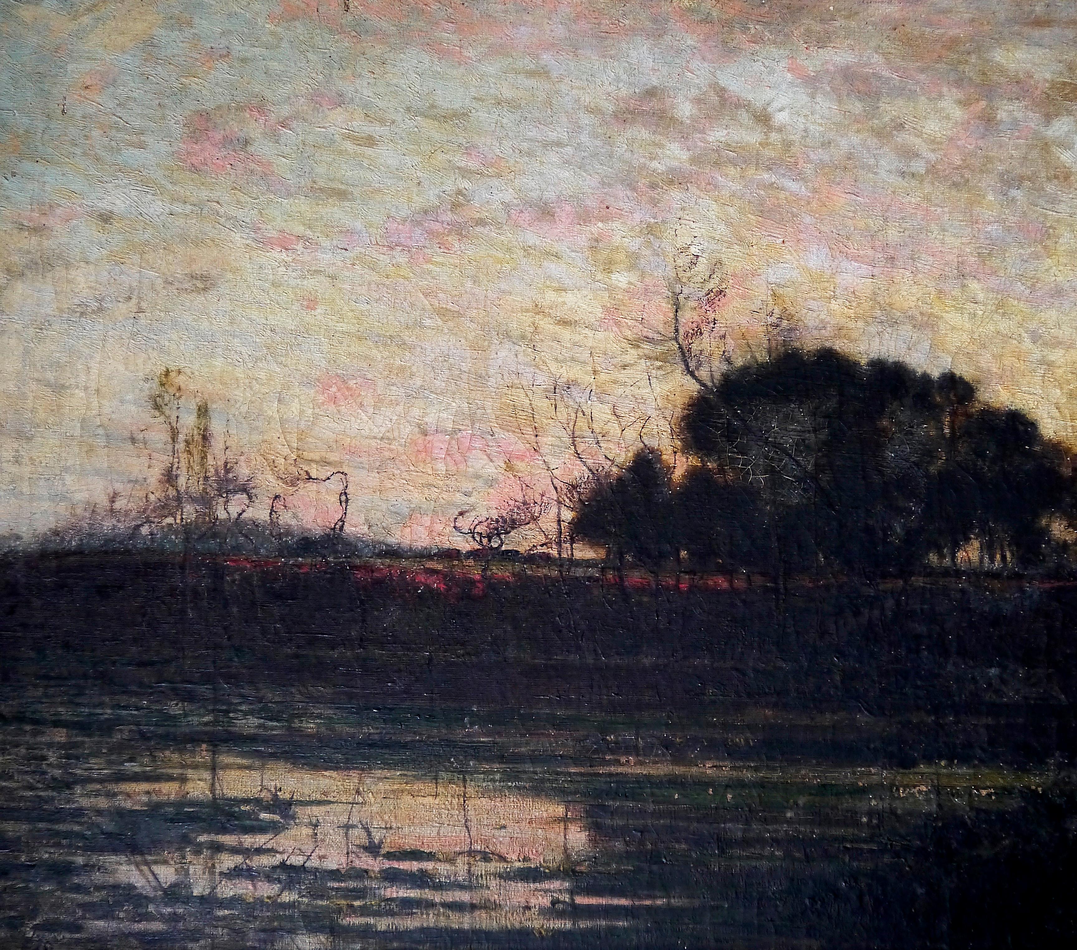 École française Scène extra étang  Paysage Barbizon Peinture à l'huile - Painting de French School Masters