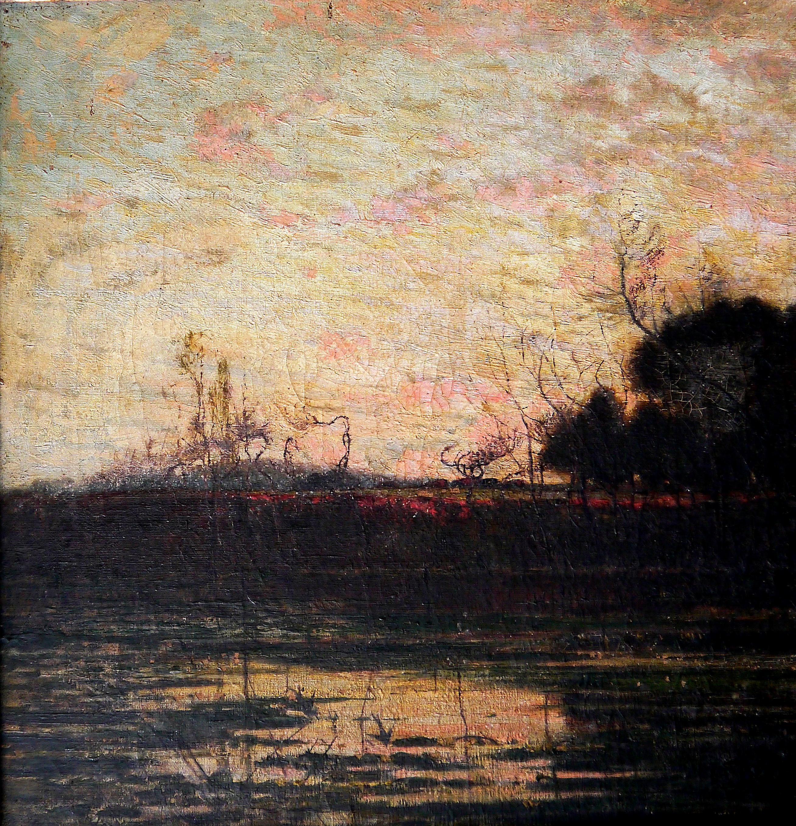 École française Scène extra étang  Paysage Barbizon Peinture à l'huile en vente 3