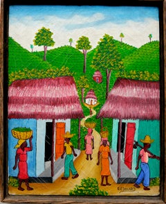 Scena haitiana di scuola francese Pittura ad olio firmata