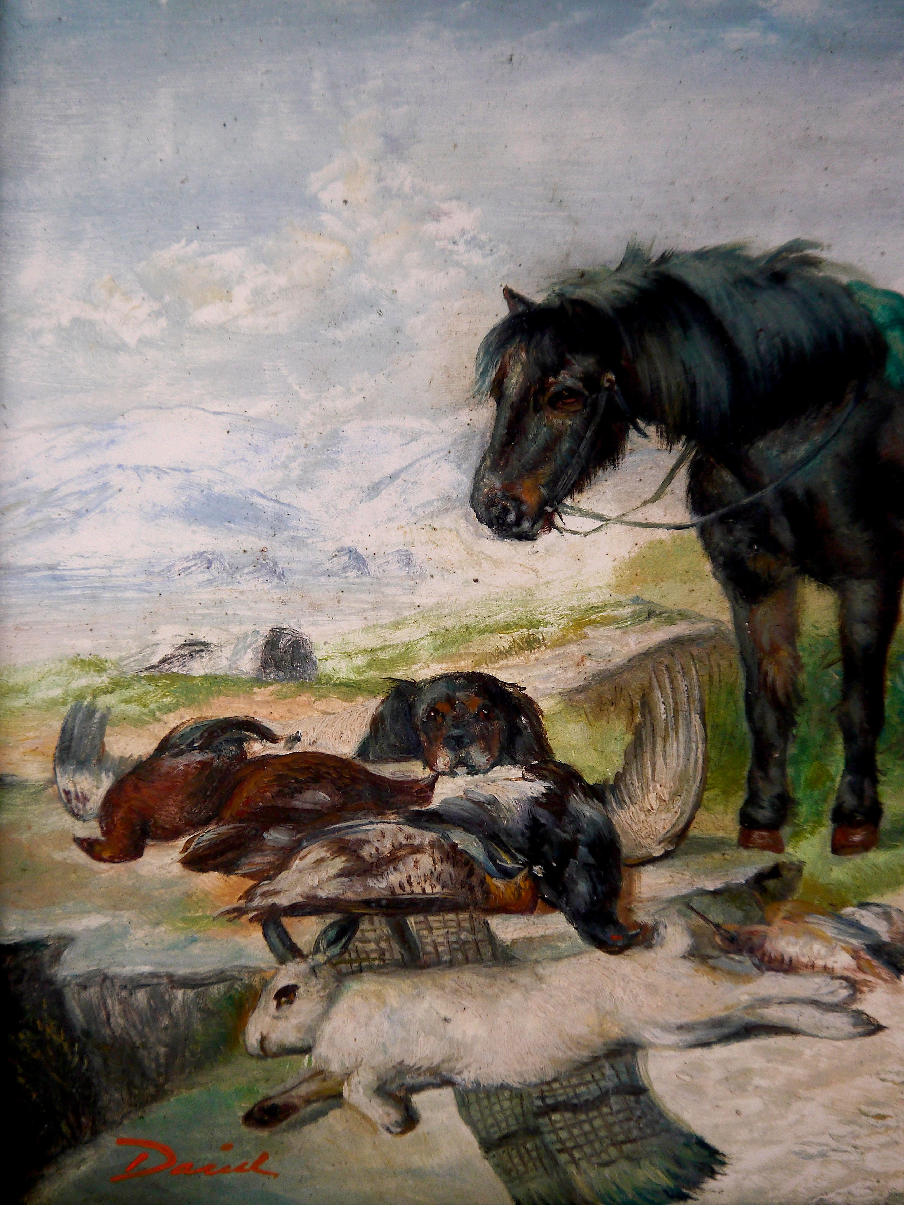 École française Scène de chasse Huile signée - Réalisme Painting par French School Masters