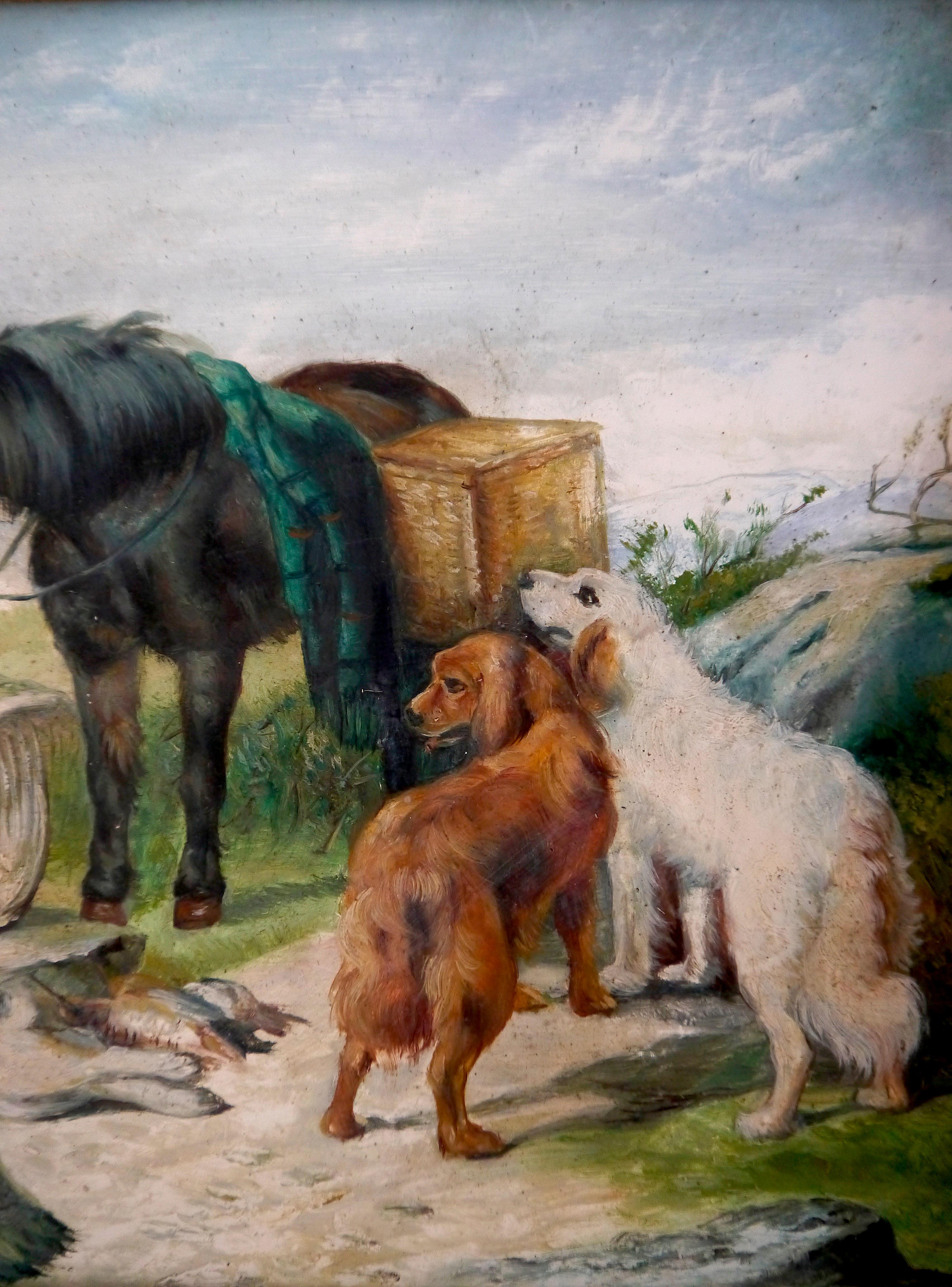 École française Scène de chasse Huile signée - Marron Figurative Painting par French School Masters