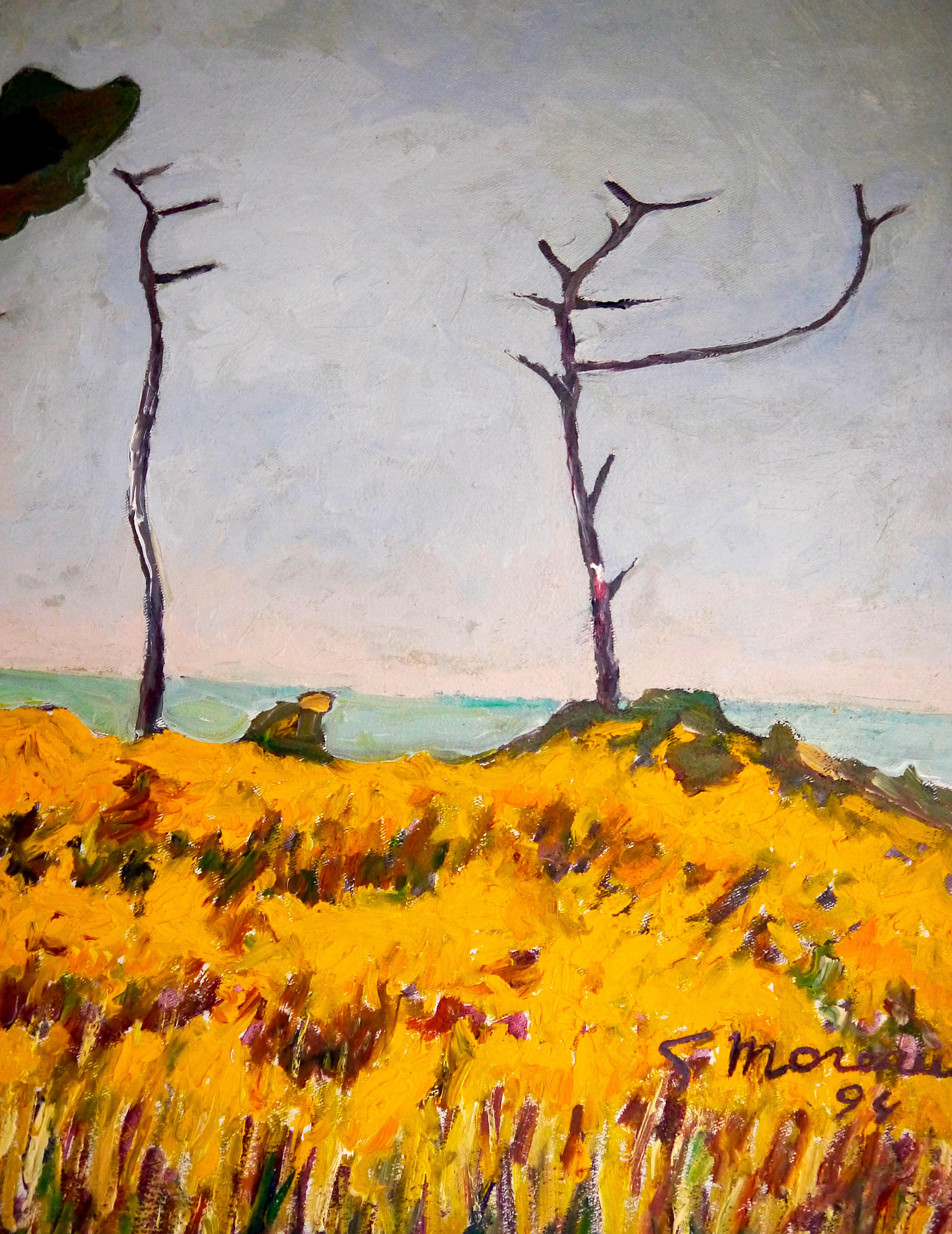 ➡️Vivid Landscape⬅️

Es ist mit J Moreau signiert, wahrscheinlich Jacques Gaston Moreau (1903-1994). 
Das ist sicherlich eines der letzten Bilder seines Lebens.⏪

Dieses Gemälde zeigt eine lebendige Landschaft mit einem starken Kontrast zwischen