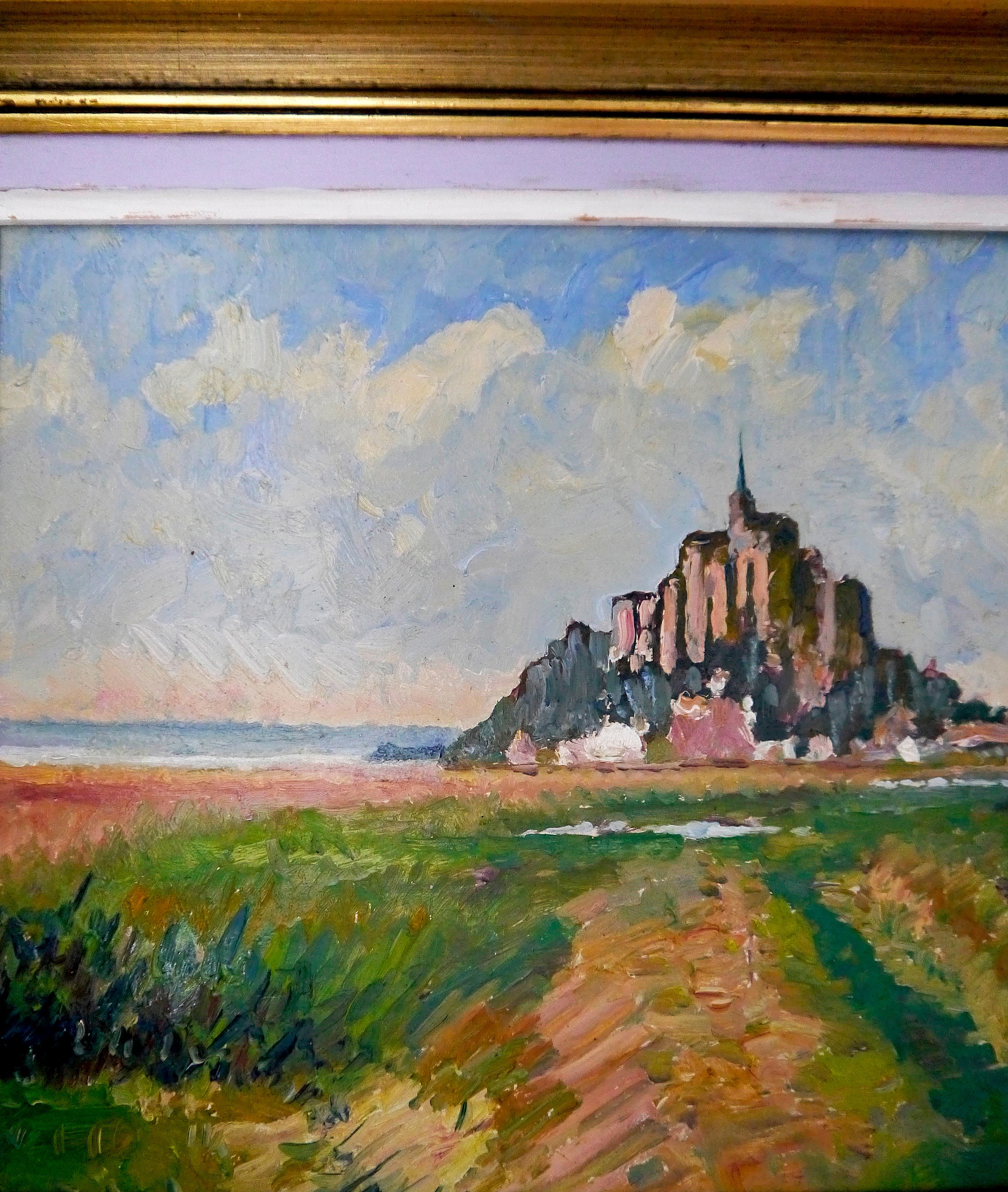 French School Impressionist Landscape Le Mont Saint Michel Signed oil painting - Tonalist Painting by French School Masters