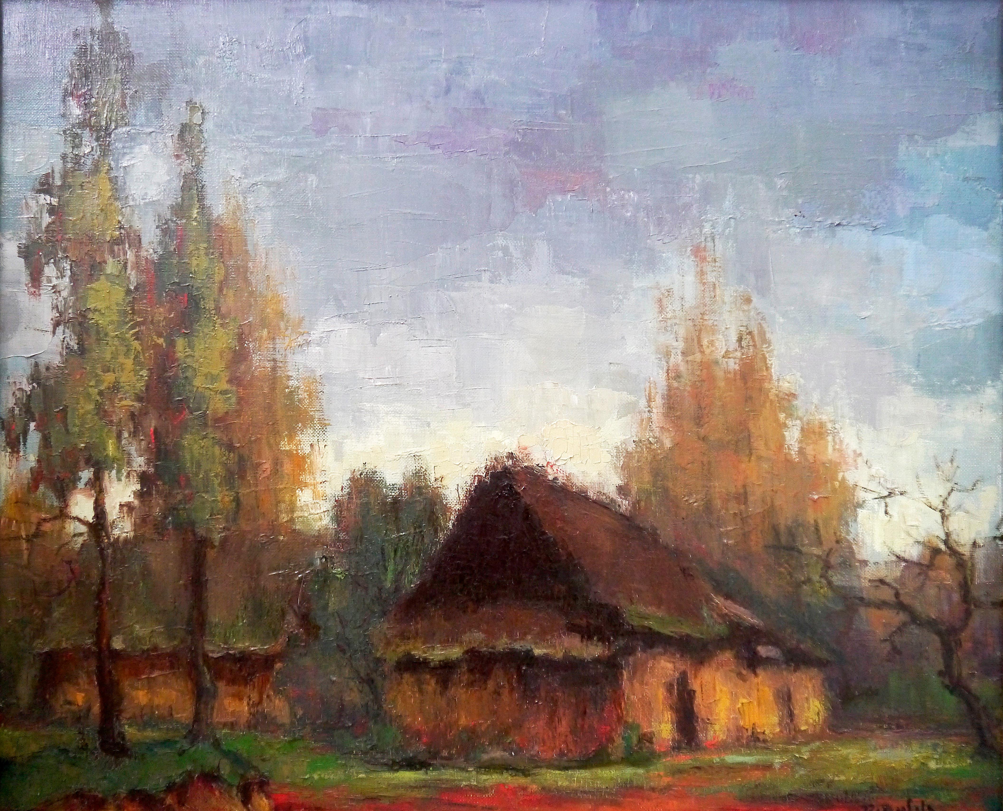 Paisaje rural impresionista de la escuela francesa Cuadro al óleo firmado en venta 1