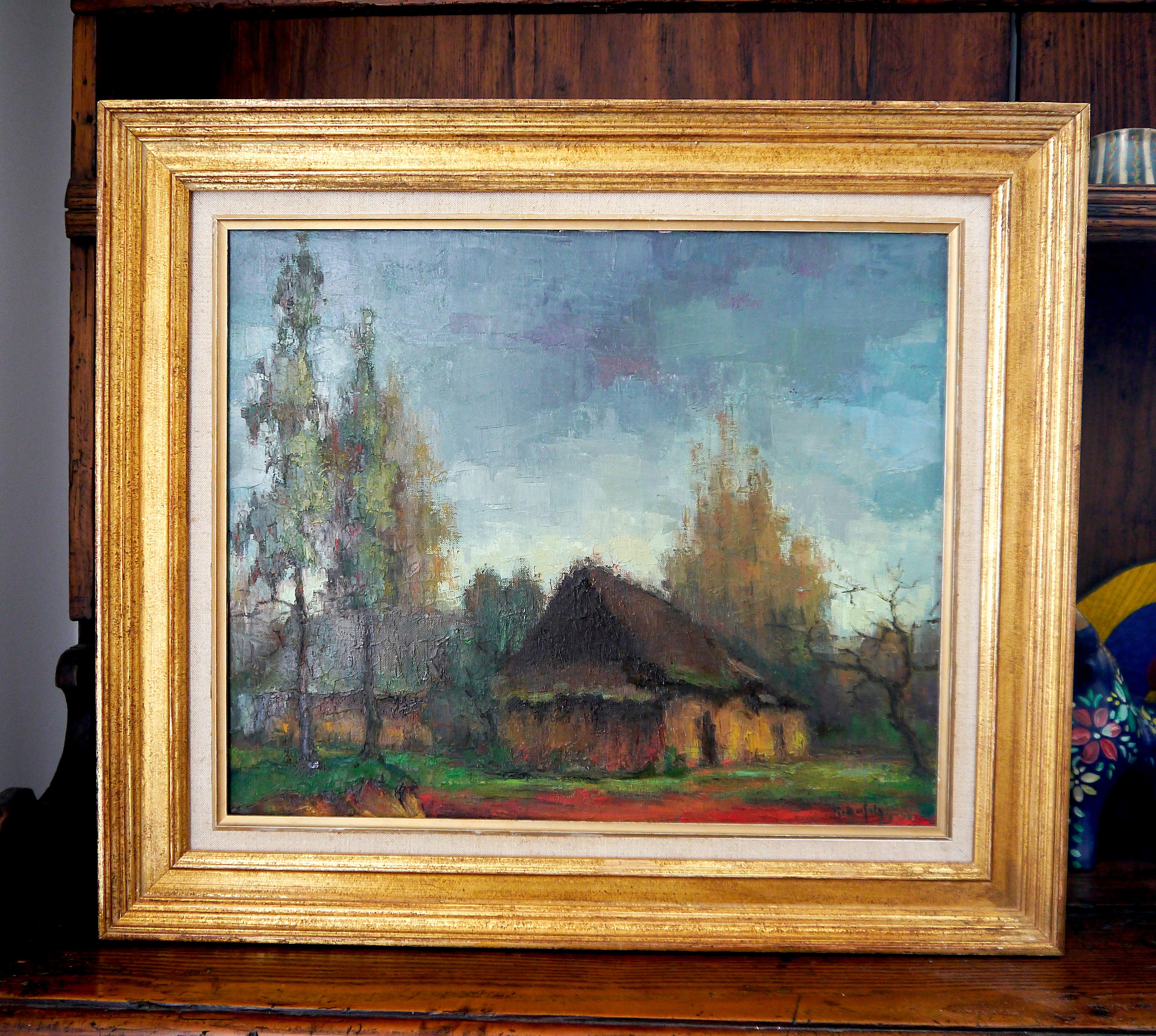 Paisaje rural impresionista de la escuela francesa Cuadro al óleo firmado en venta 2