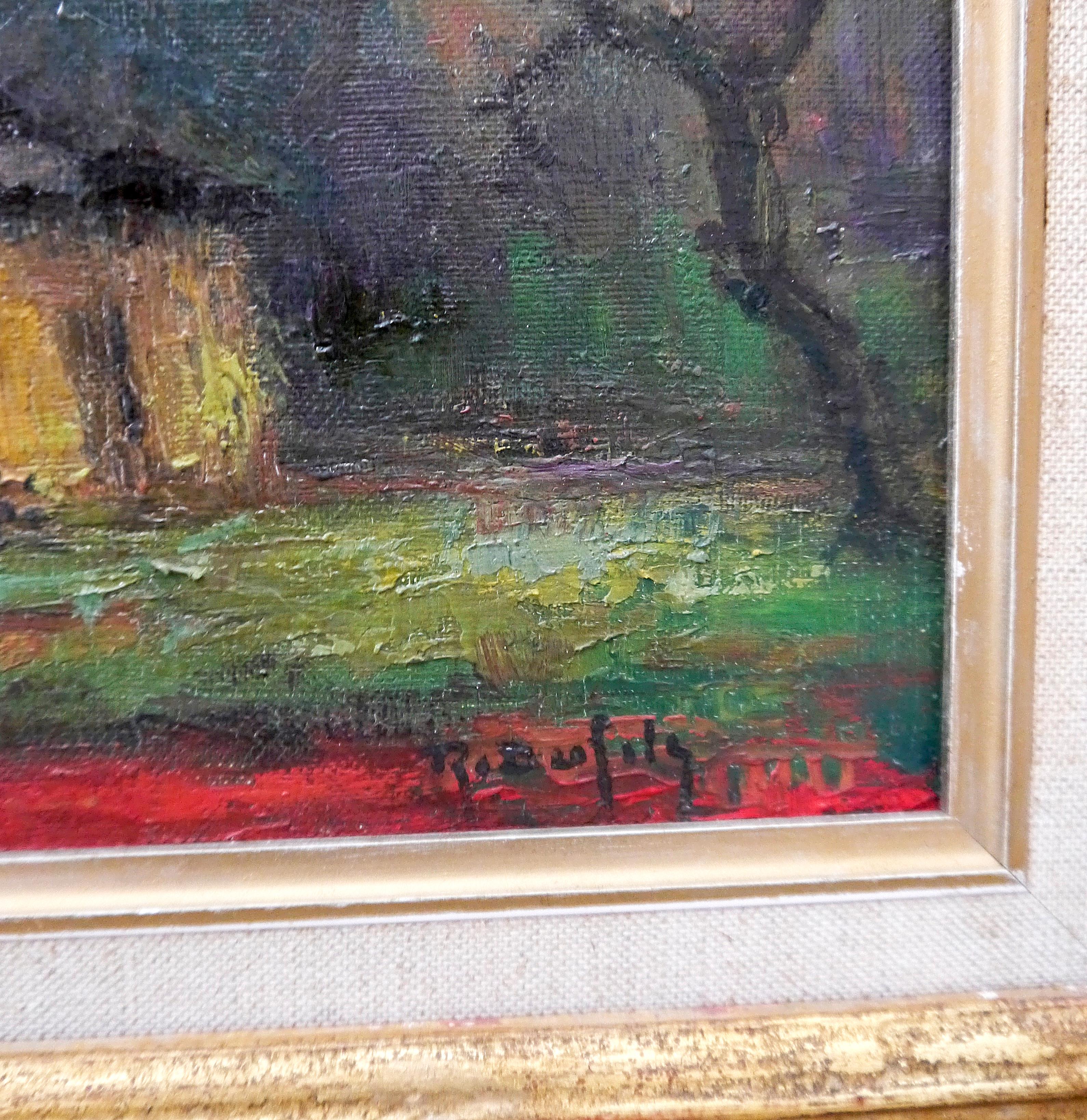 Paisaje rural impresionista de la escuela francesa Cuadro al óleo firmado en venta 3