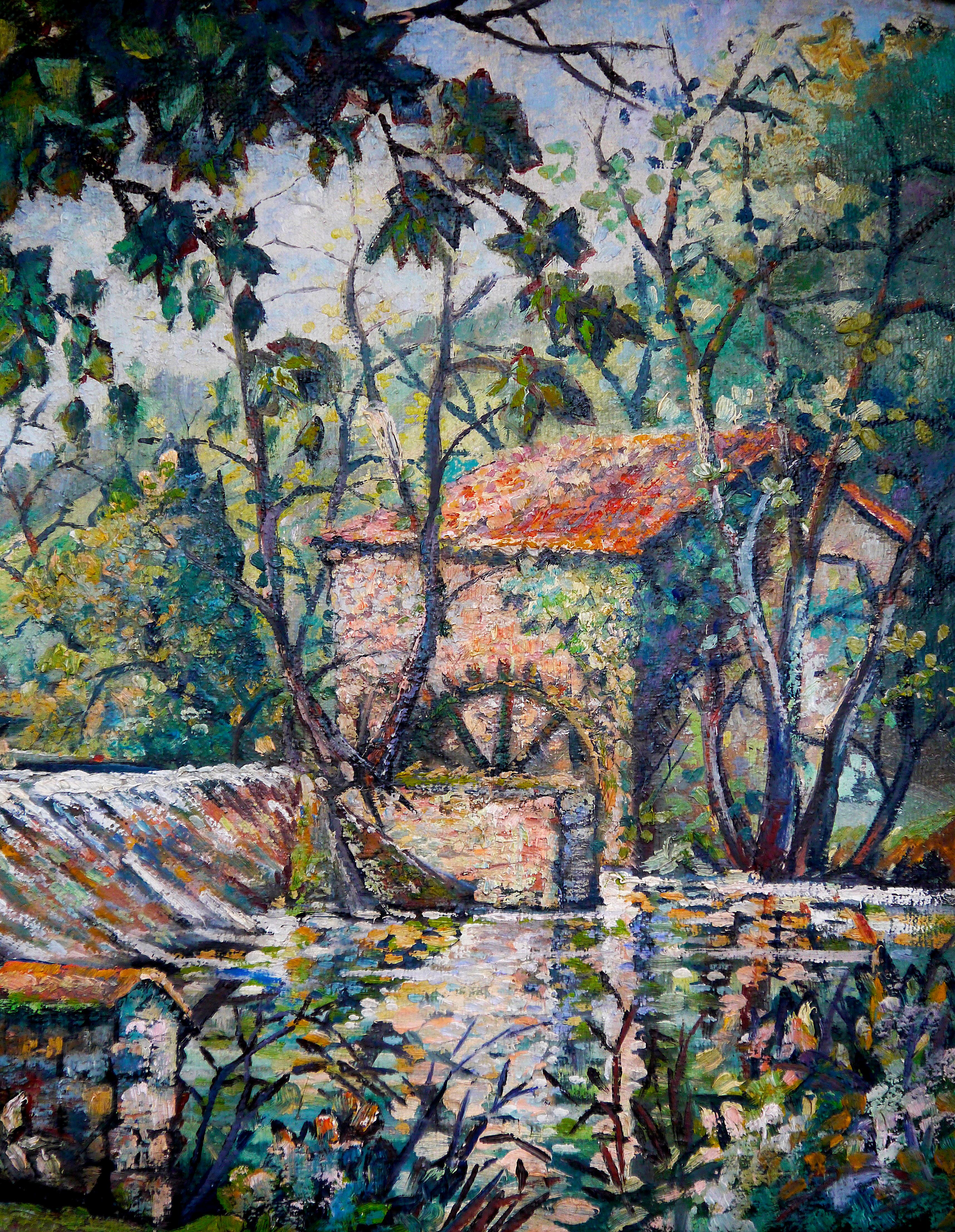 French School Impressionist The old watermill oil painting - Black Landscape Painting by French School Masters