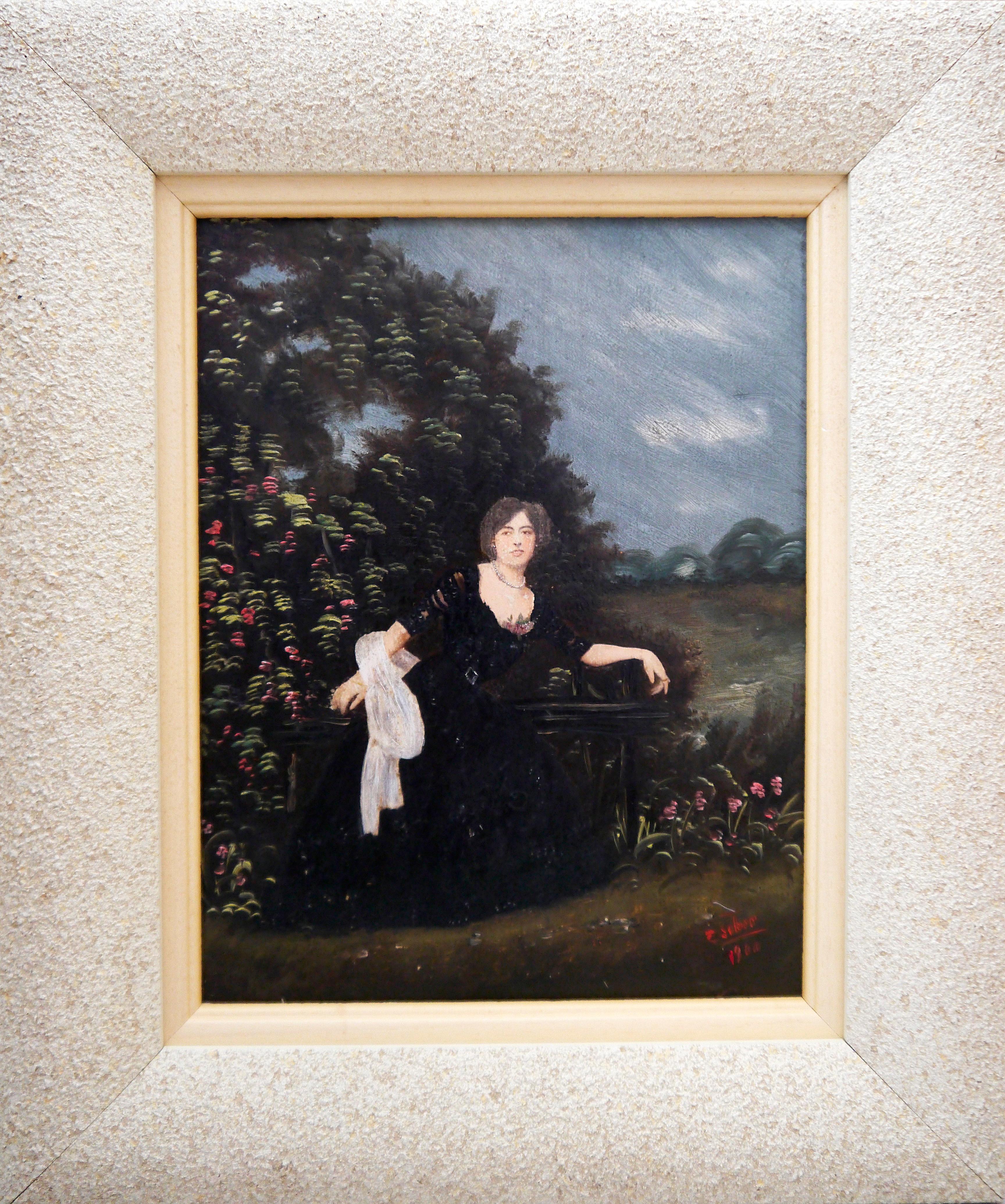 French school La Demoiselle Oil painting Signed - Tonalist Painting by French School Masters