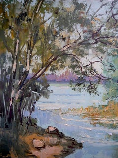 École française Paysage au bord d'une rivière en France peinture à l'huile Signée